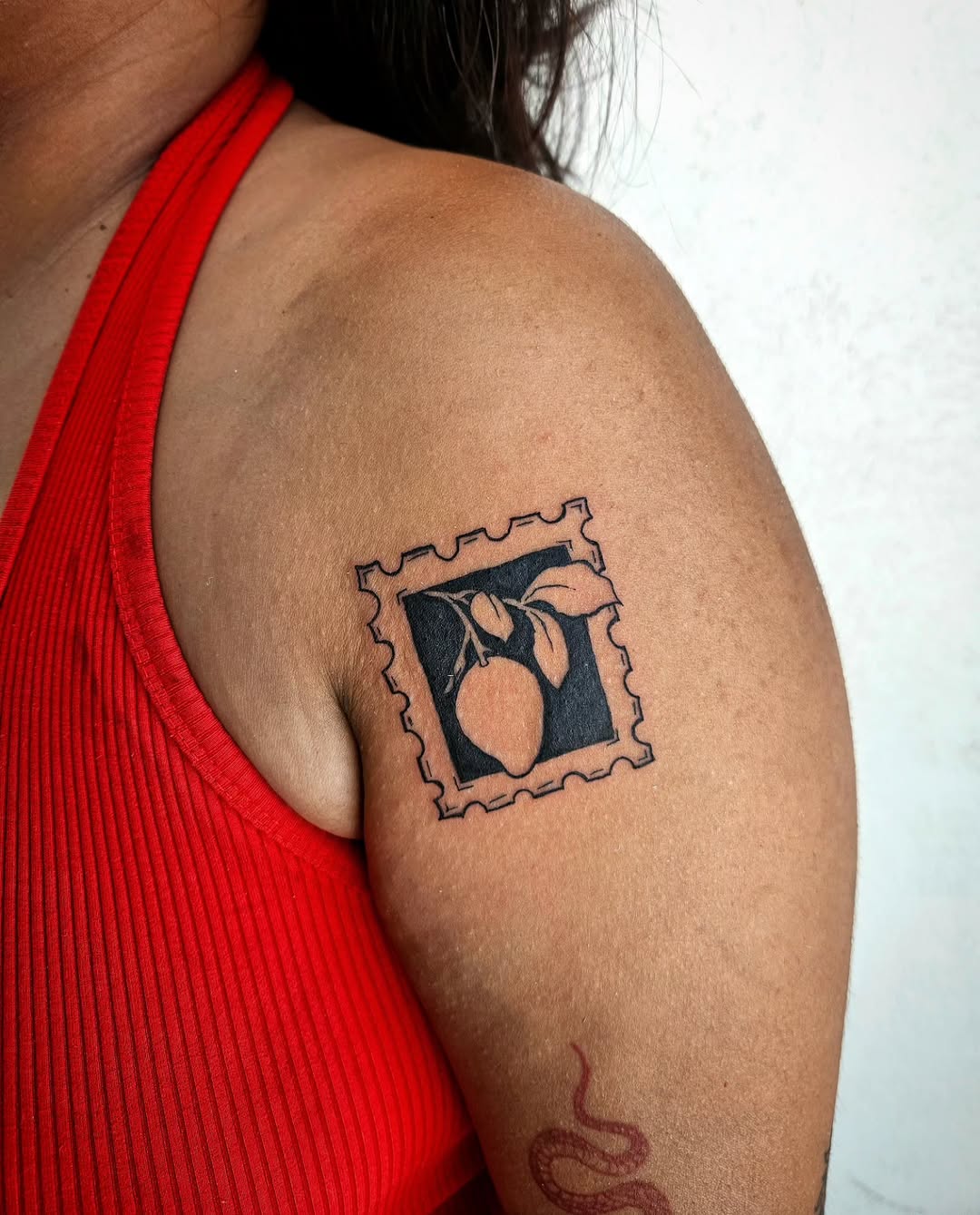 Stamp with fruit minimalist tattoo on the shoulder by Lina ๐ป