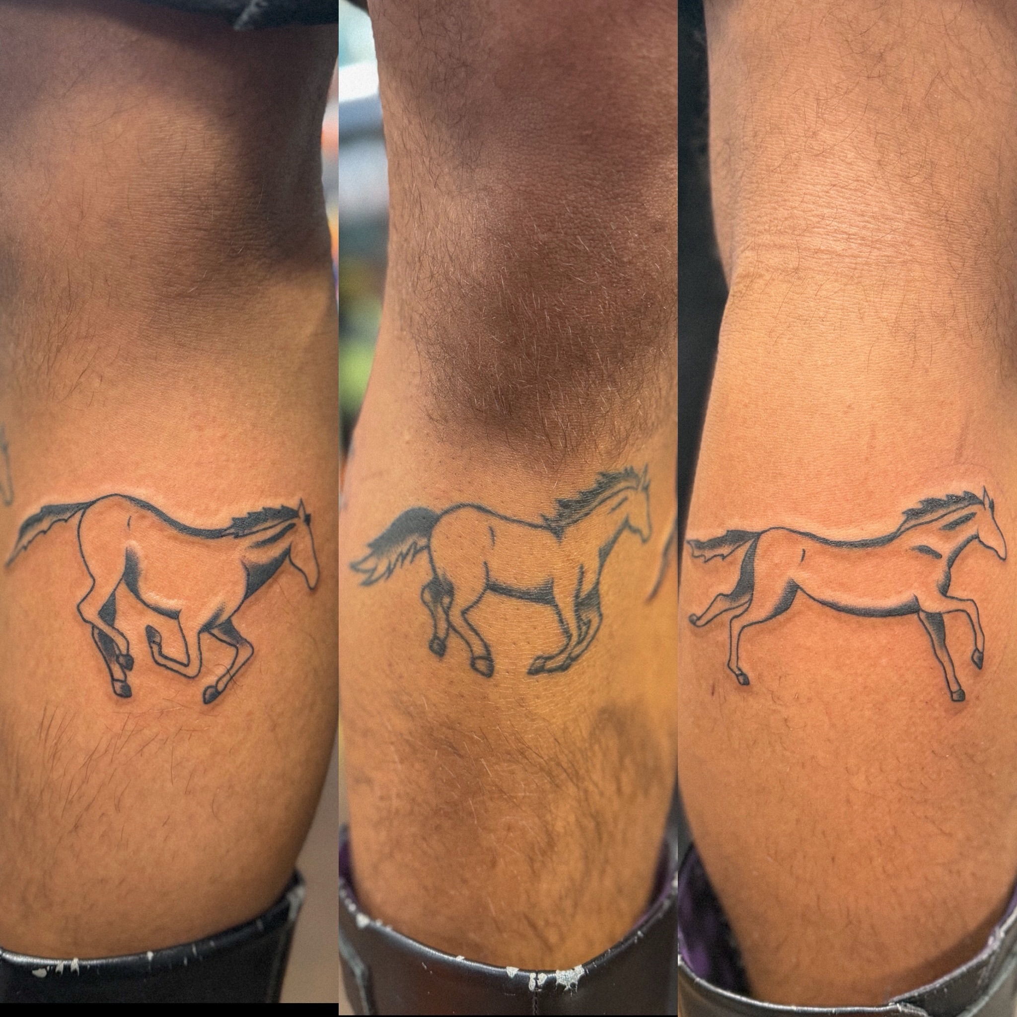 Horses black and grey tattoo on the leg by Zac Tattooer