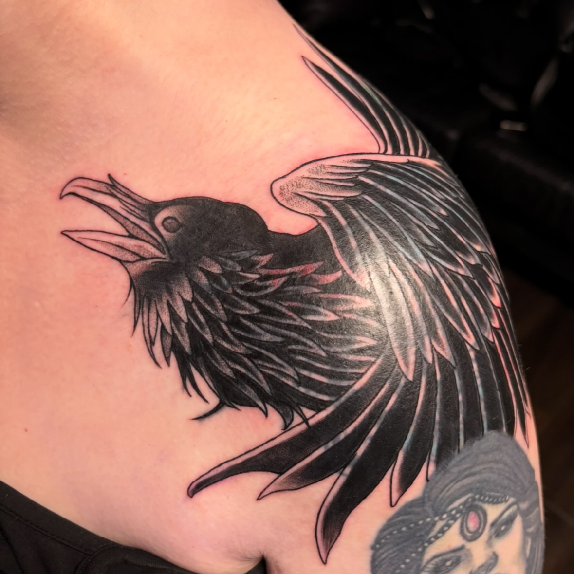 Crow black and grey tattoo on the shoulder by ๐๐๐ฏ๐ฌ๐ซ ๐๐ก๐ก๐๐ช๐ฐ