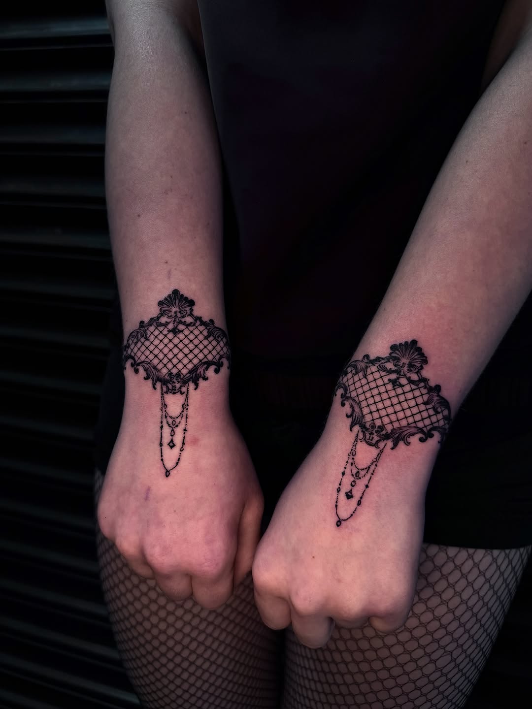Lace bracelet with hanging jewels ornamental tattoo on the forearm by ༺♡༻ Melia’s Dolls ༺♡༻