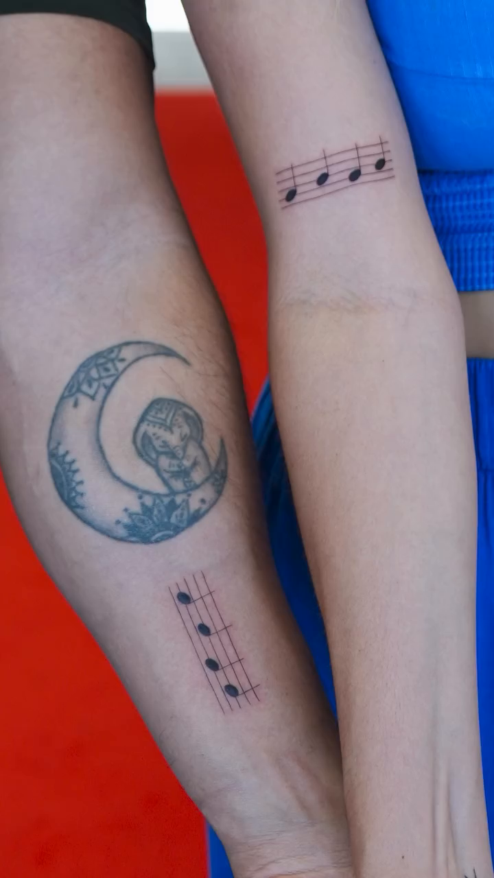 Moon and musical notes minimalist tattoo on the forearm by 🤍 Sarah 🖤