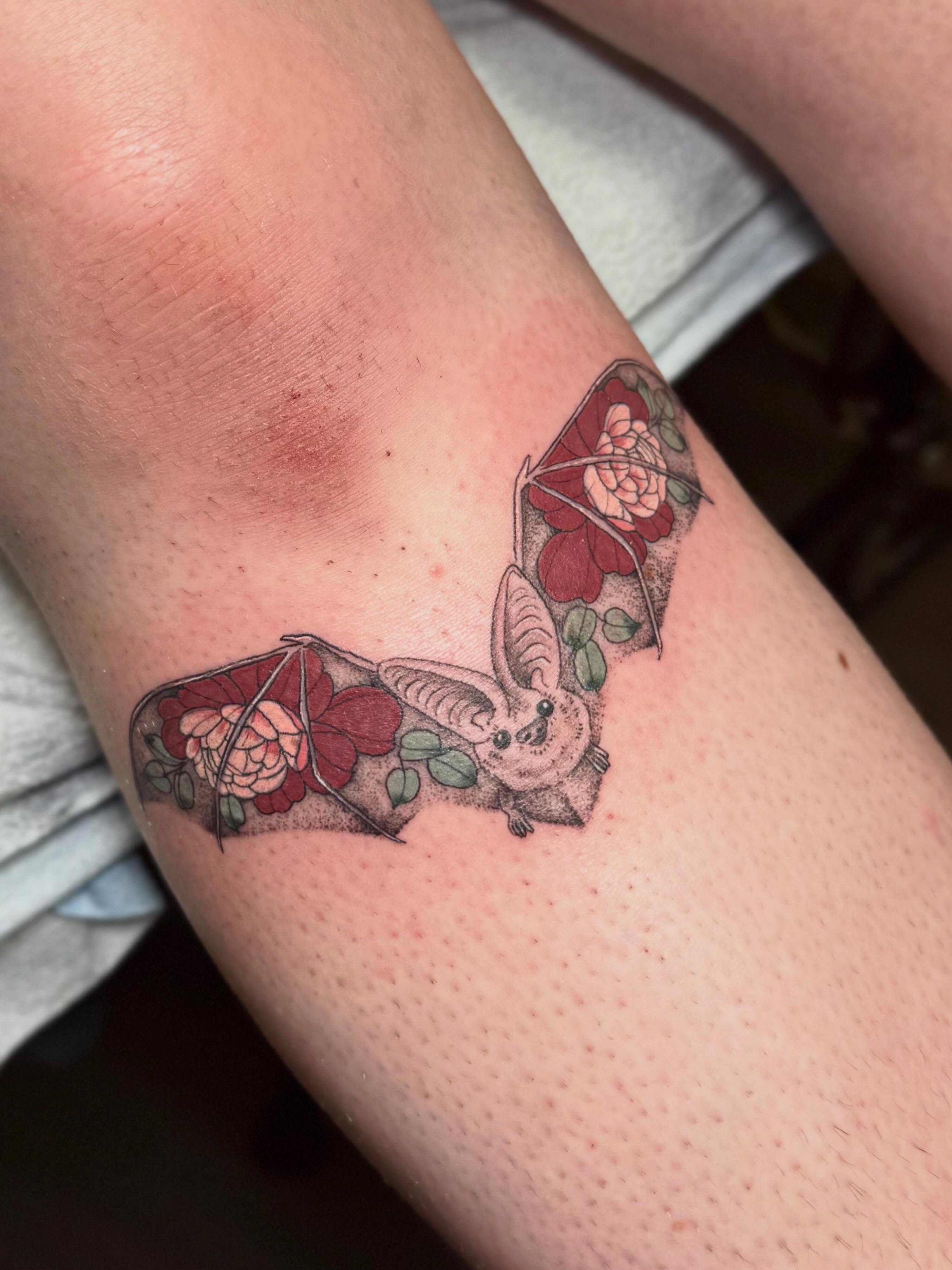 Bat and roses neo-traditional tattoo on the forearm by βπ¬π―π’πΆ