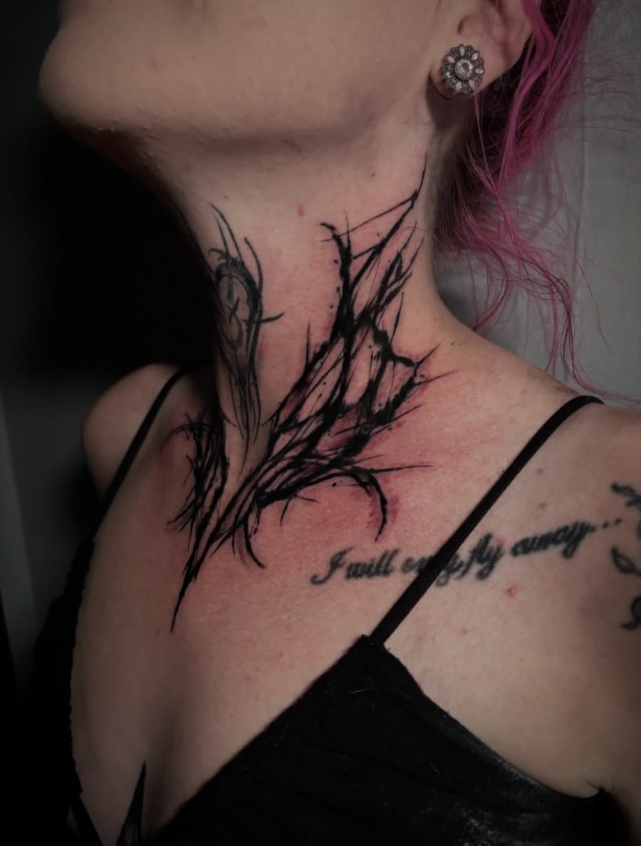 Abstract branches black and grey tattoo on the neck by Cameron Scofield