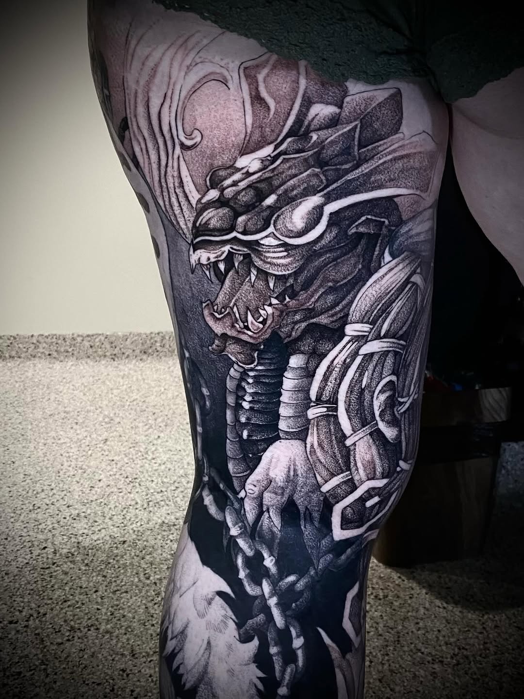 Mechanical dragon Japanese tattoo on the thigh by Olivia Scott - Kansas Tattoo Artist