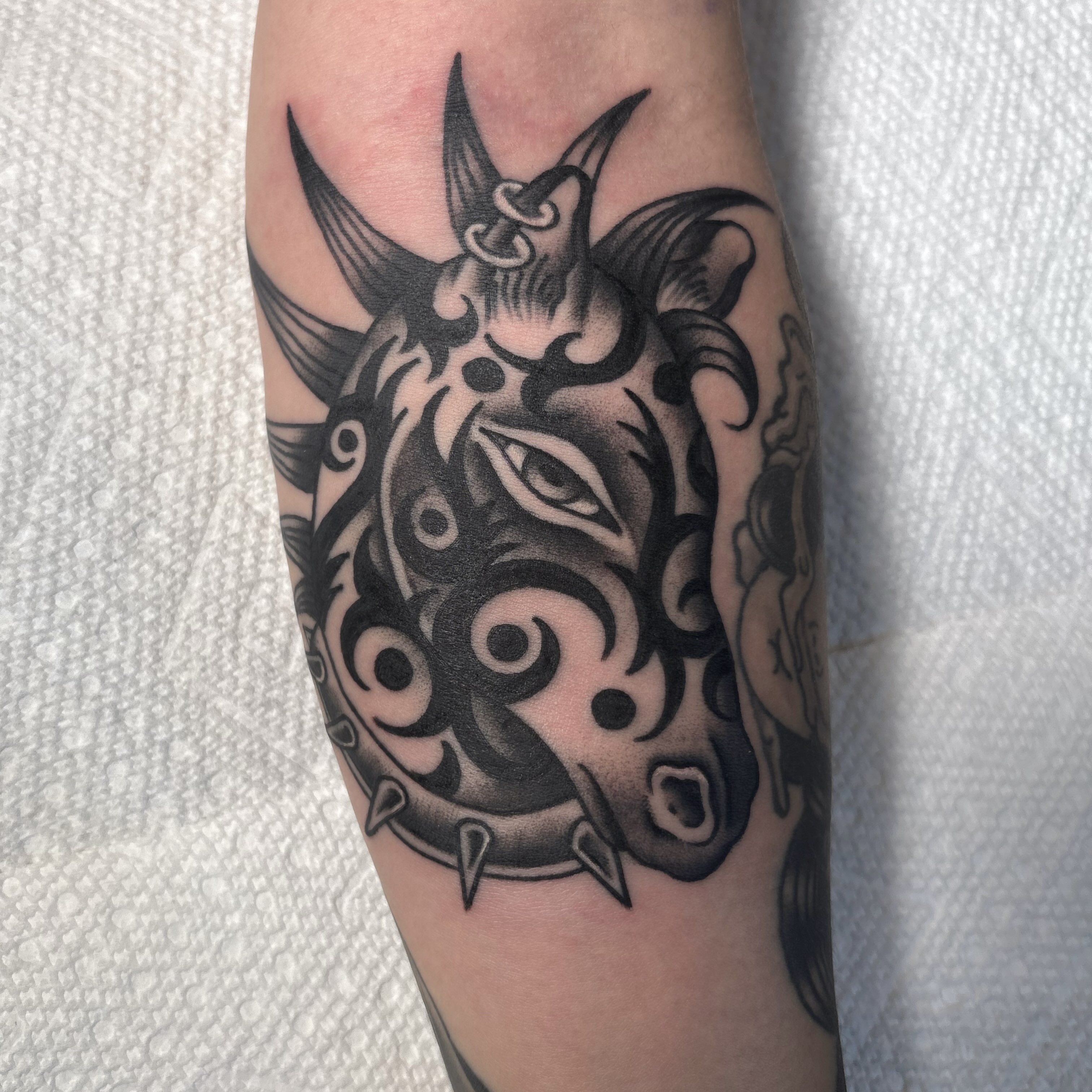 Bull head black and grey tattoo on the forearm by Caeli Martin
