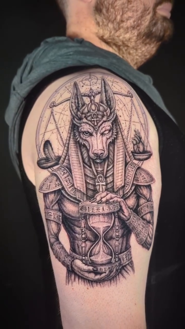 Anubis with hourglass realism tattoo by Jessica Sheahan