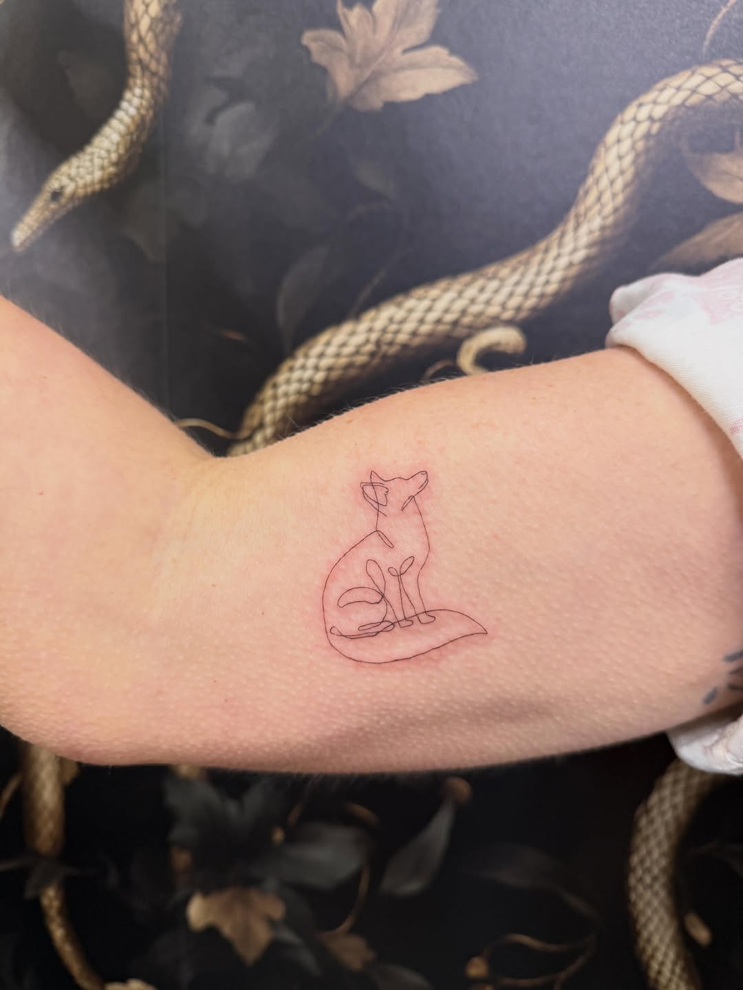 Fox outline minimalist tattoo on the forearm by Fineline Tattoos π€ Hailey L.