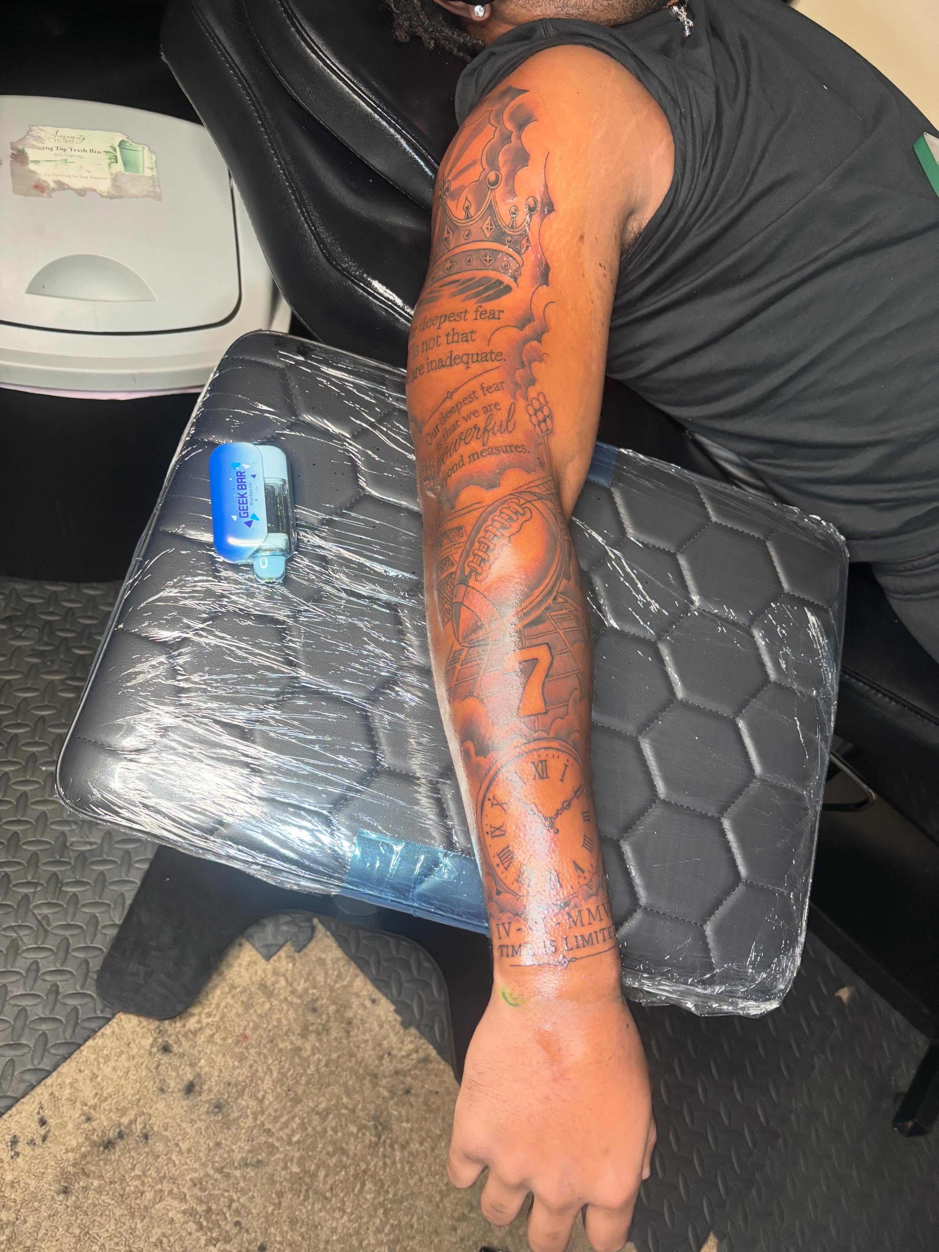 Clock and script American traditional tattoo on the forearm by Mr.K
