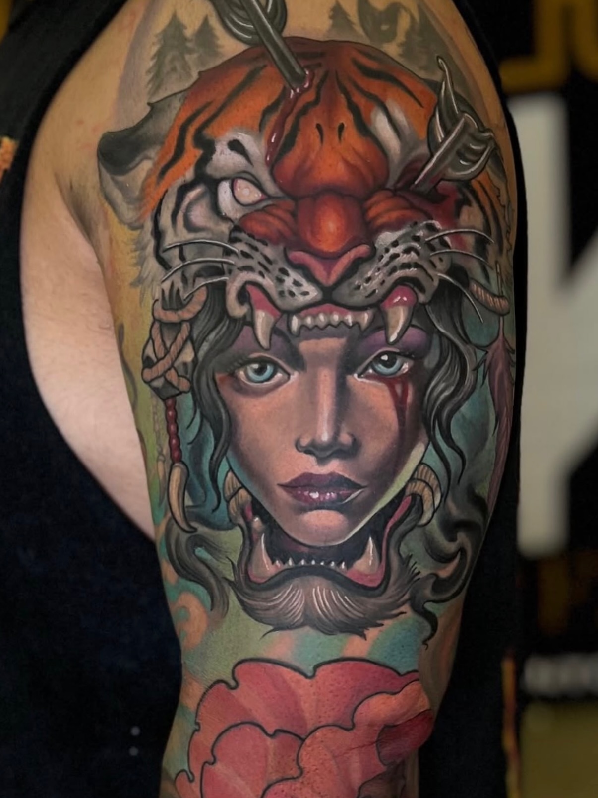 Woman with tiger head American traditional tattoo on the forearm by J O S e ▫️ P U L I D O