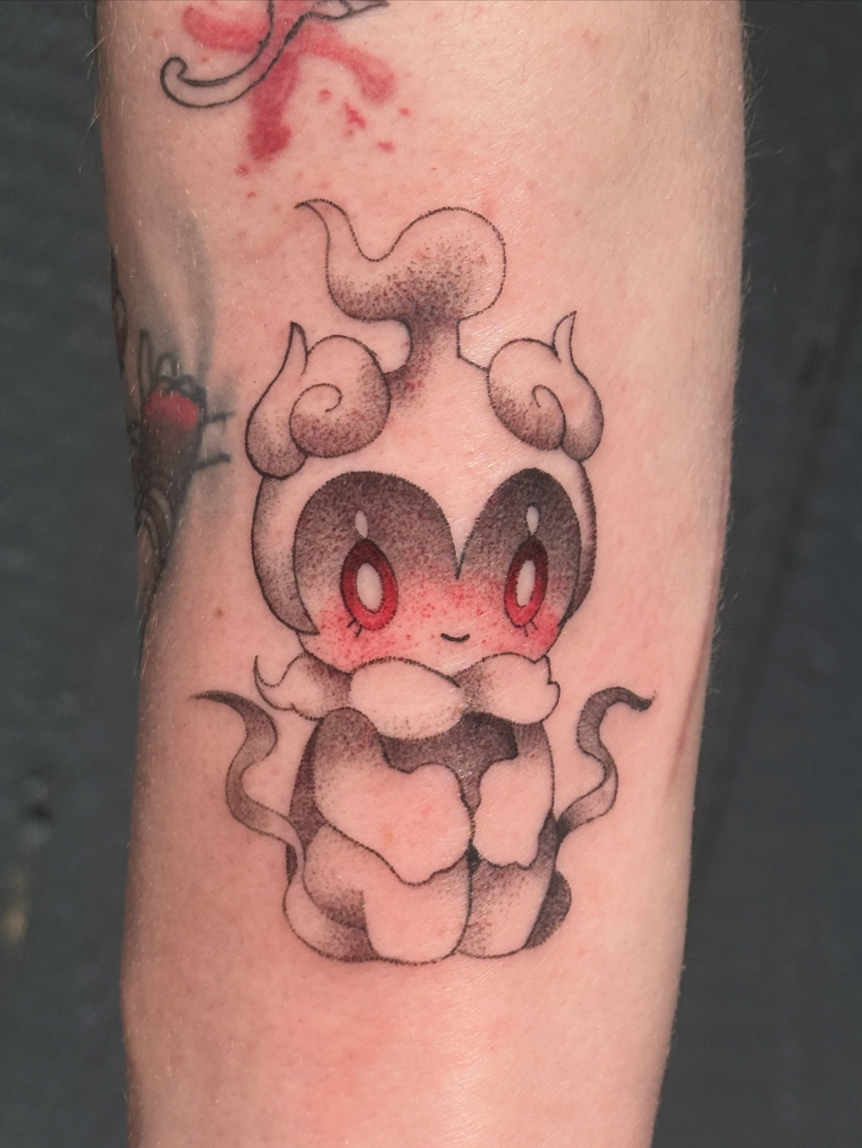 Chibi character dotwork tattoo on the forearm by Leti