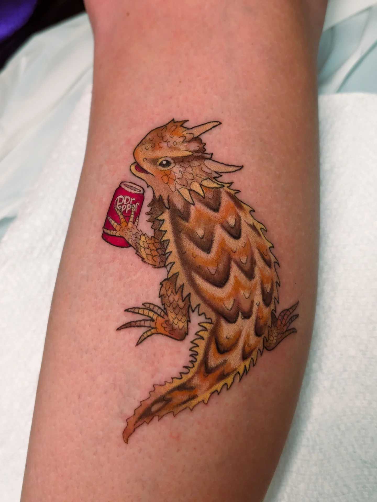 Horned lizard realism tattoo on the forearm by kylie, San Antonio, Texas
