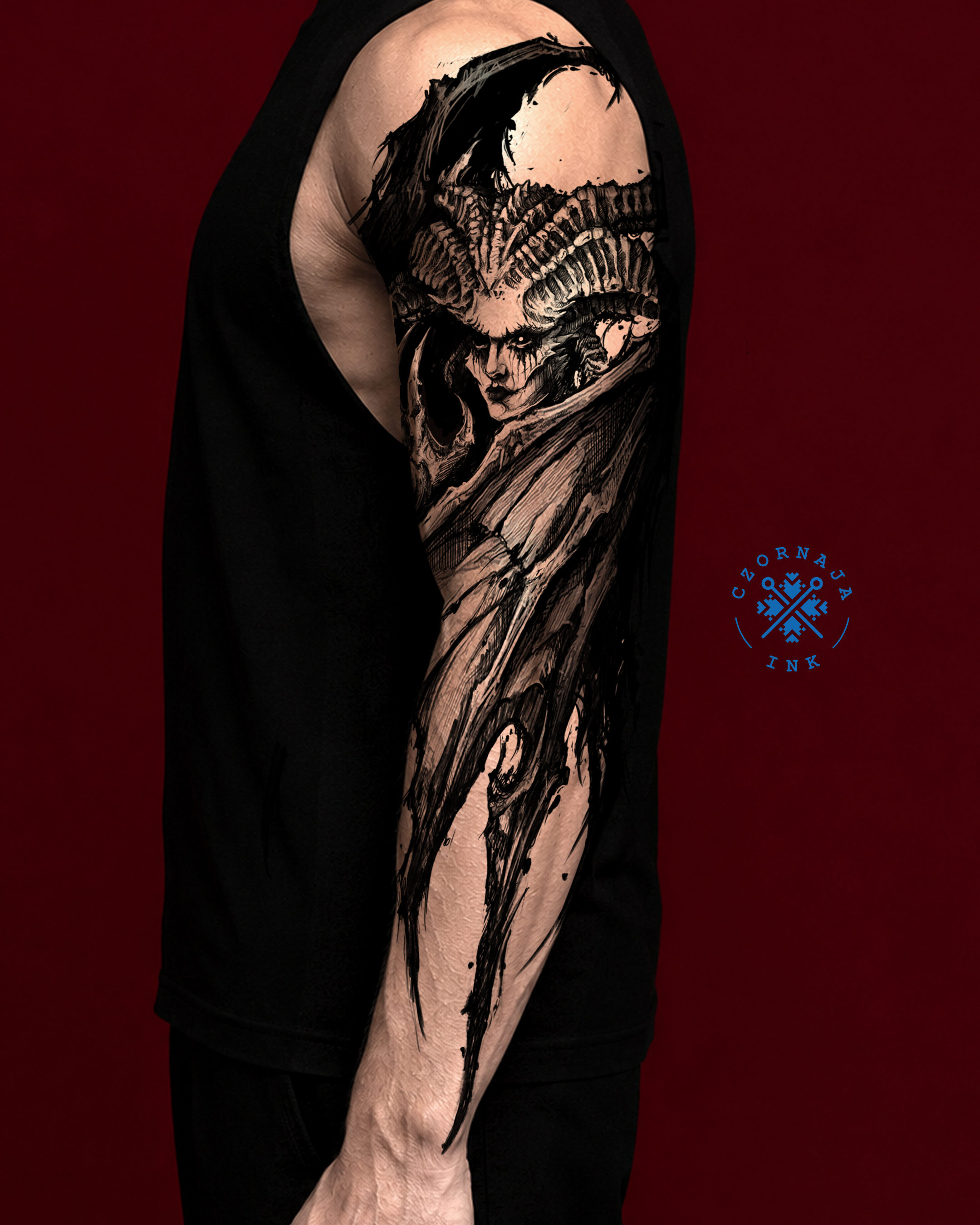 Tattoo by @czornaja_ink — dark_realism, black_and_grey