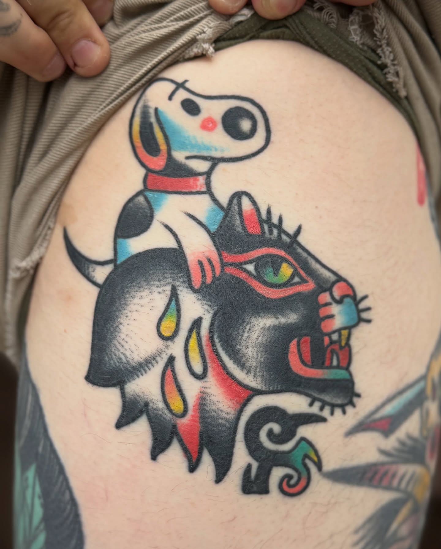 Dog riding panther American traditional tattoo on the thigh by Joe tatum ~Tattoo~