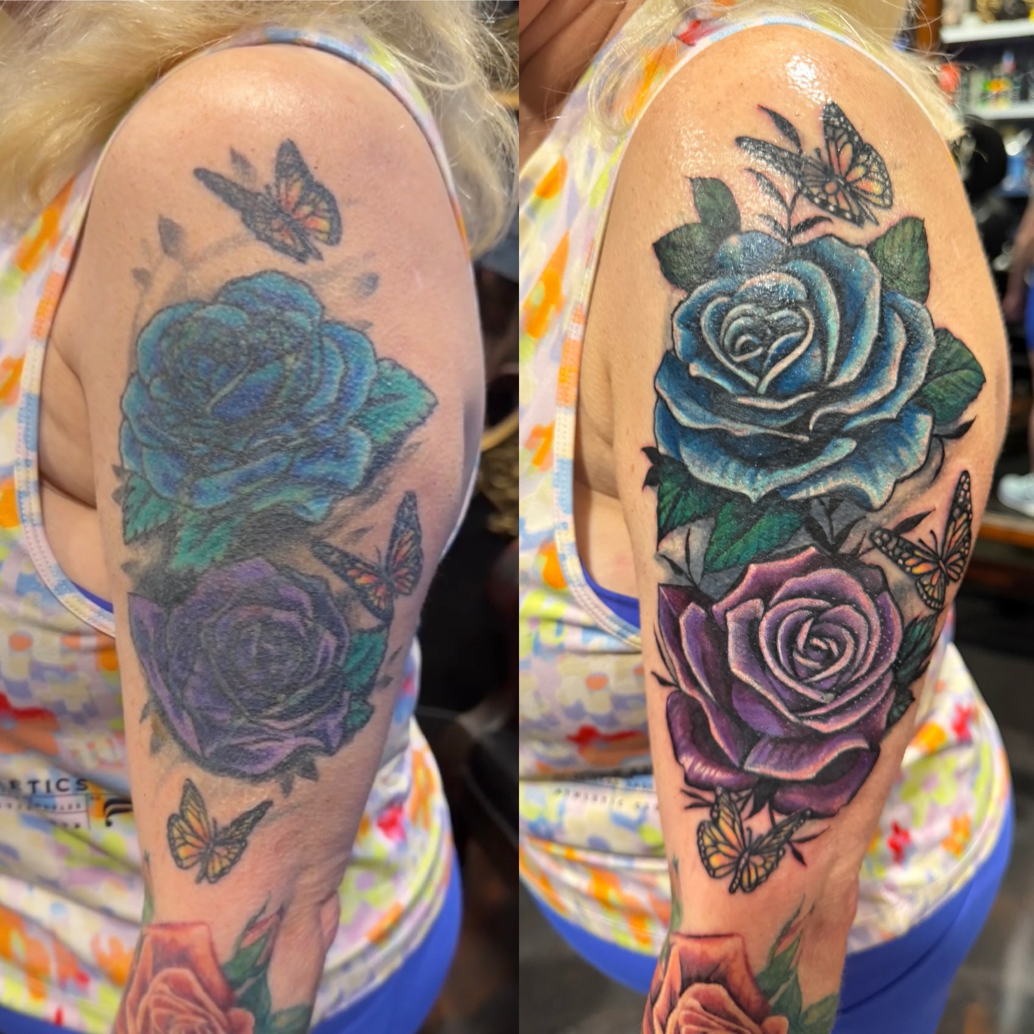 Roses and butterflies realism tattoo on the shoulder by Shae Sullivan