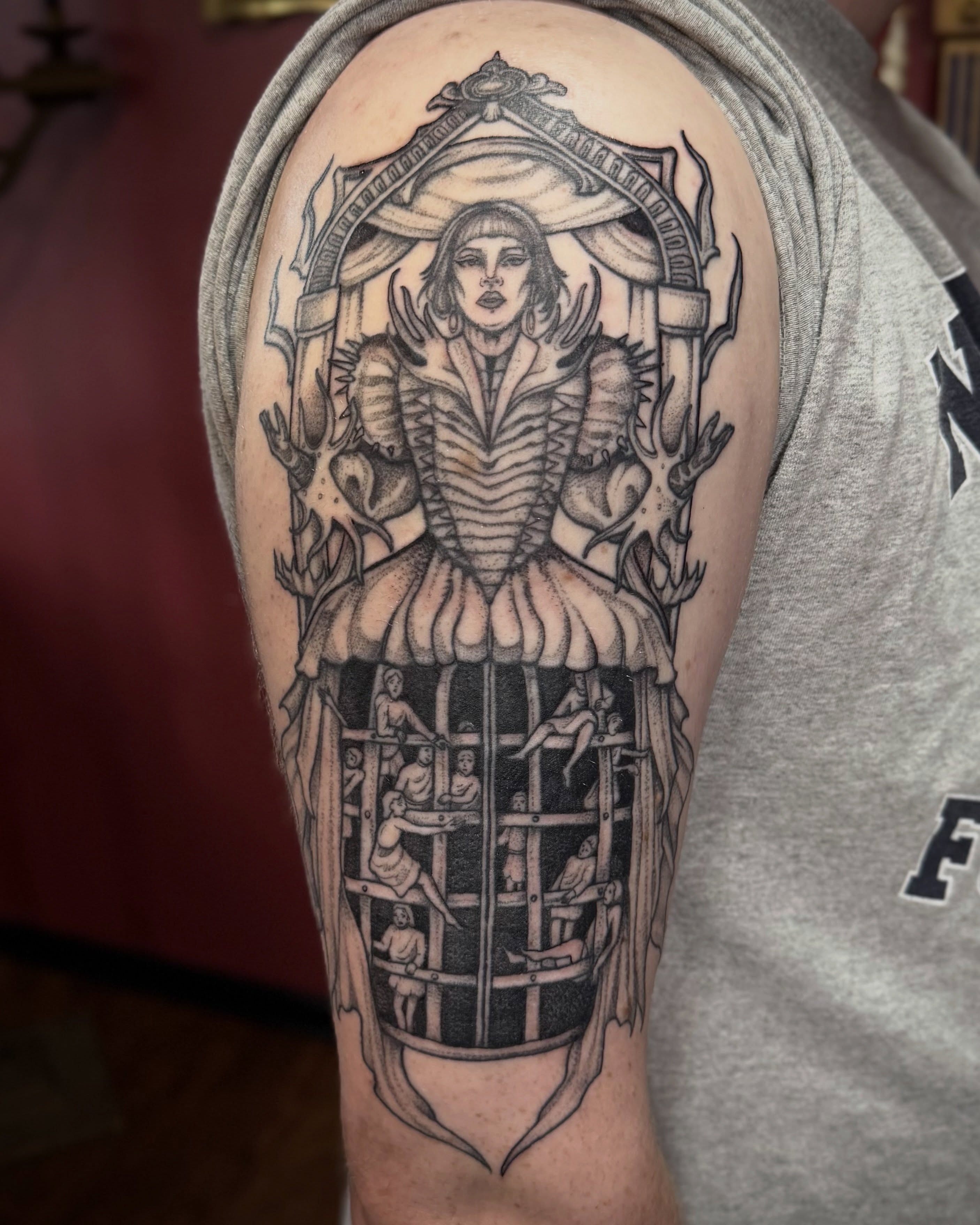 Woman in cage dotwork tattoo on the shoulder by โฃ ๐ฝ๐๐๐๐๐ ๐ฟ๐๐๐๐๐๐๐๐๐๐๐ โฃ