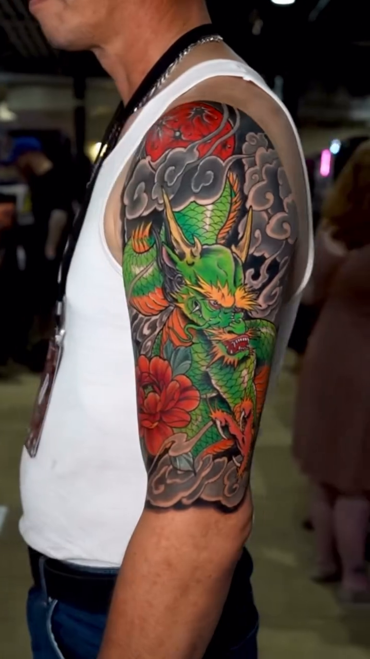Dragon with flowers japanese irezumi tattoo by Dharma.tattoo