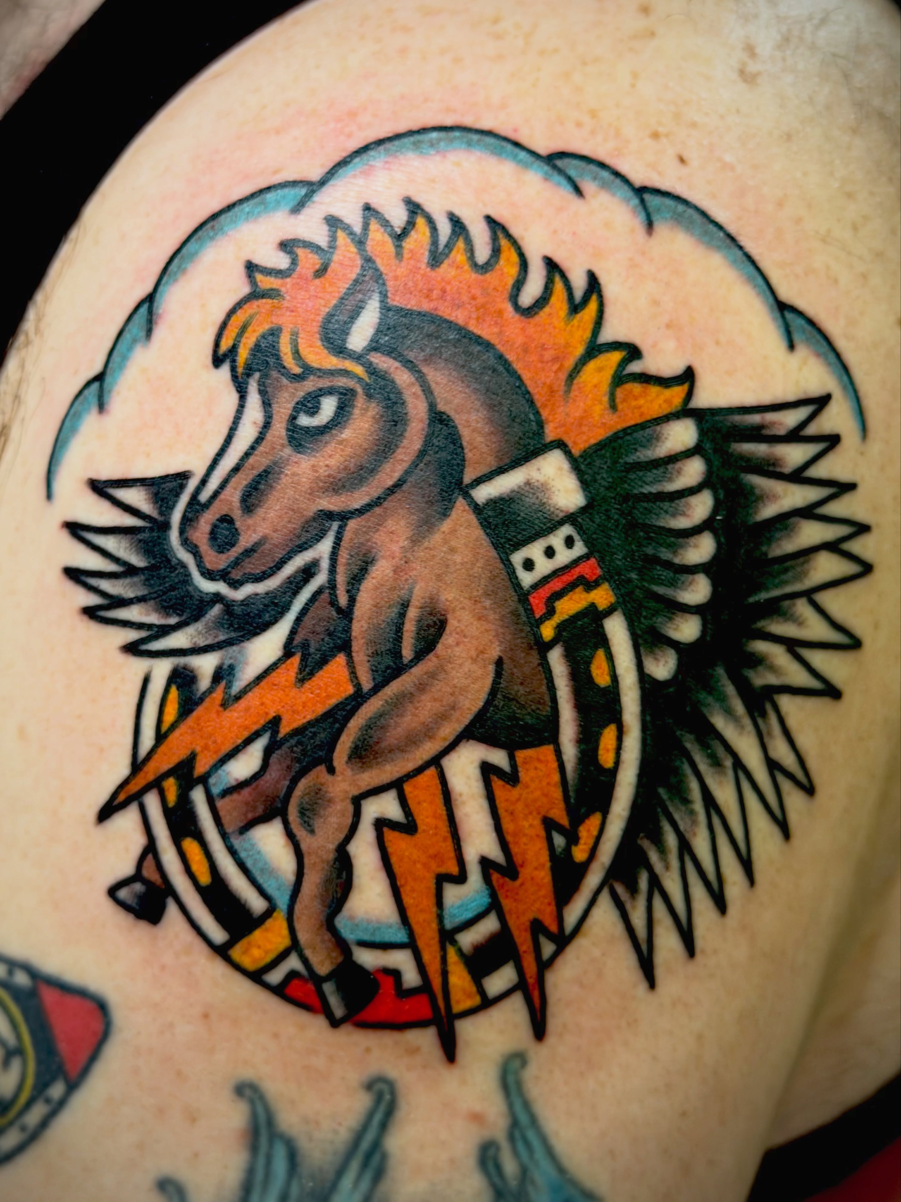 Horse with wings American traditional tattoo on the shoulder by 🌈KNOXVILLE’S FAVORITE TATTOO ARTIST 👽 마법 버섯