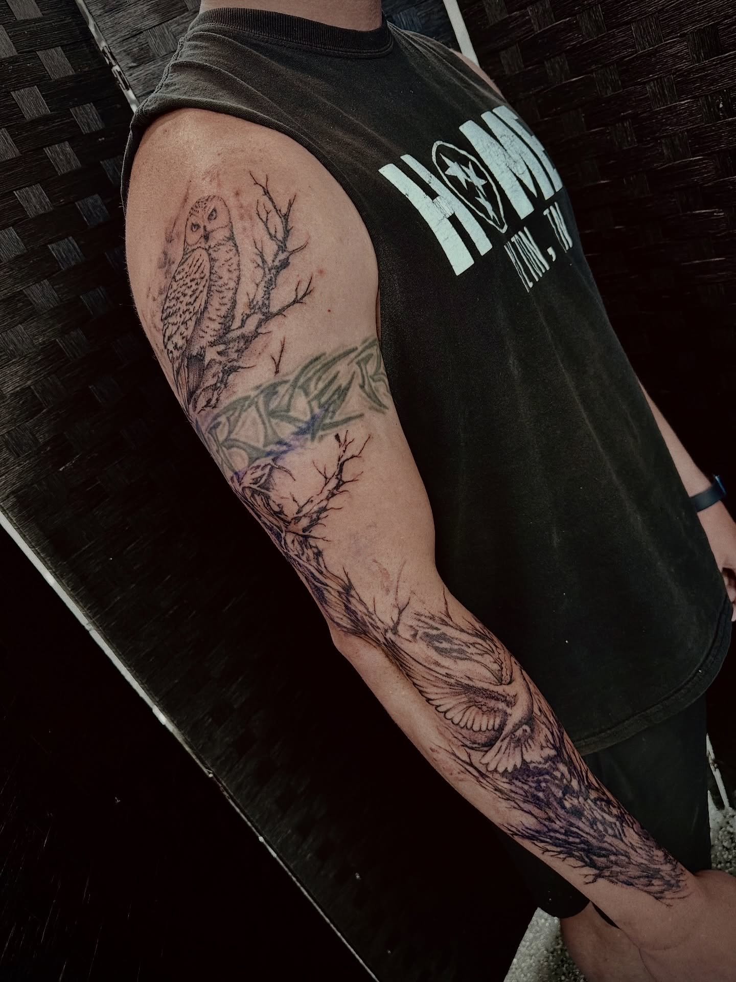 Owl and branches black and grey tattoo on the forearm by Marlyn “Lala”