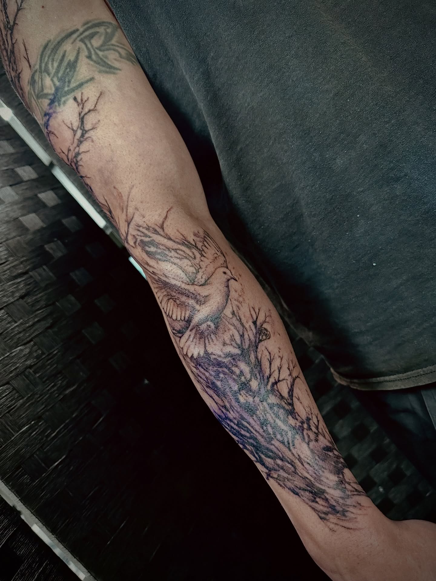 Bird and branches black and grey tattoo on the forearm by Marlyn “Lala”