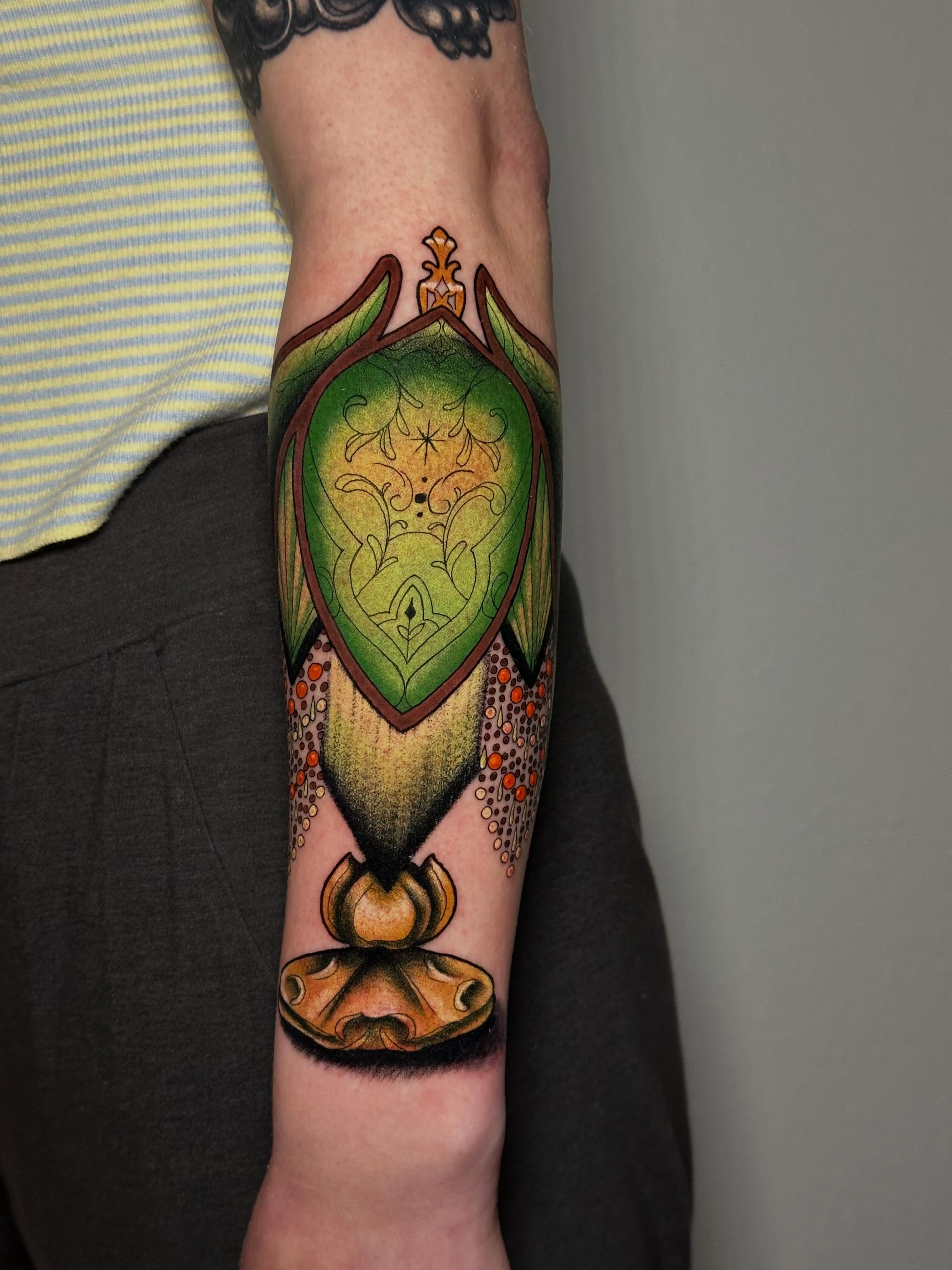 Lamp dotwork tattoo on the forearm by Liz McDonald