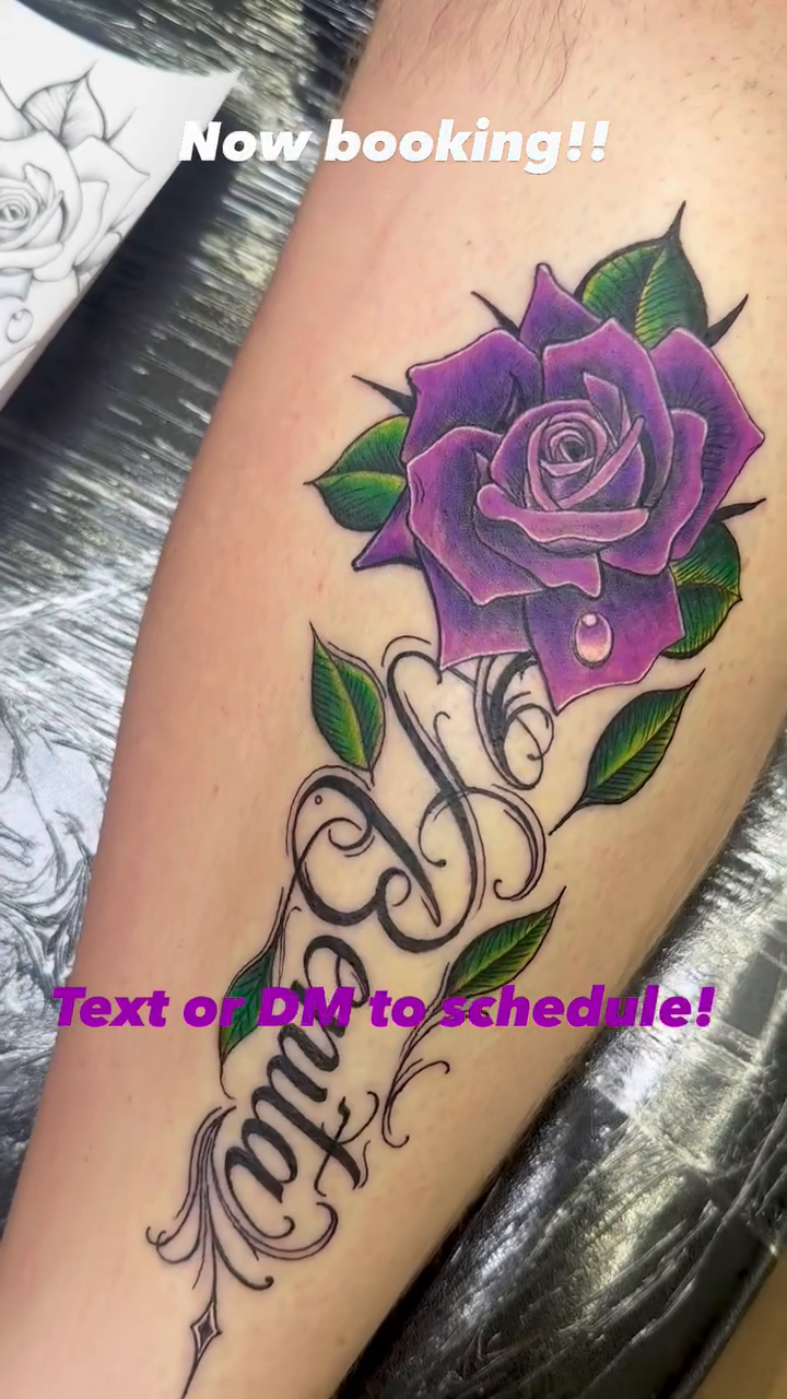 Rose with script name neo-traditional tattoo on the leg by Sk Pierce