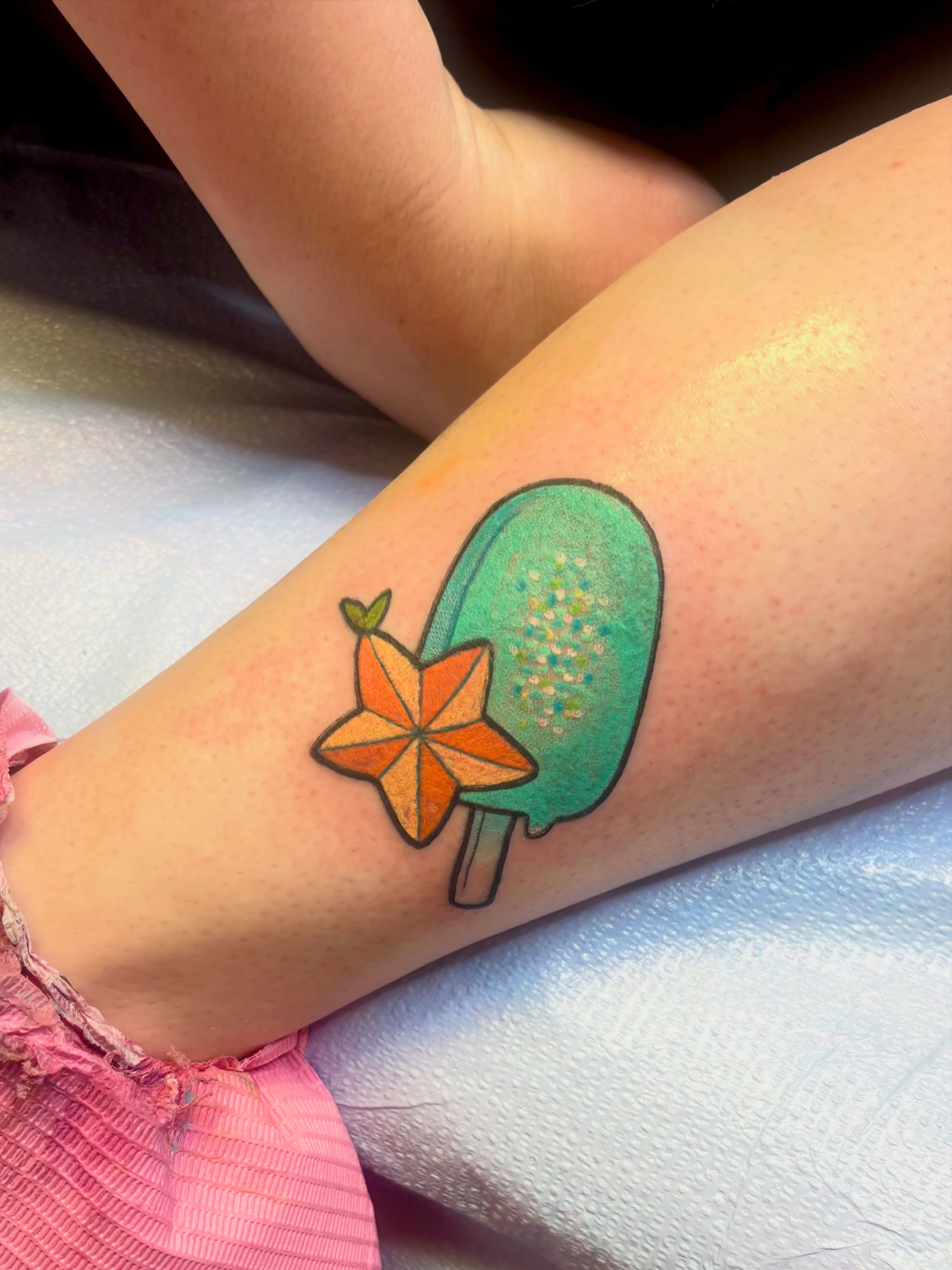 Ice cream dotwork tattoo on the forearm by Sarah Baldwin