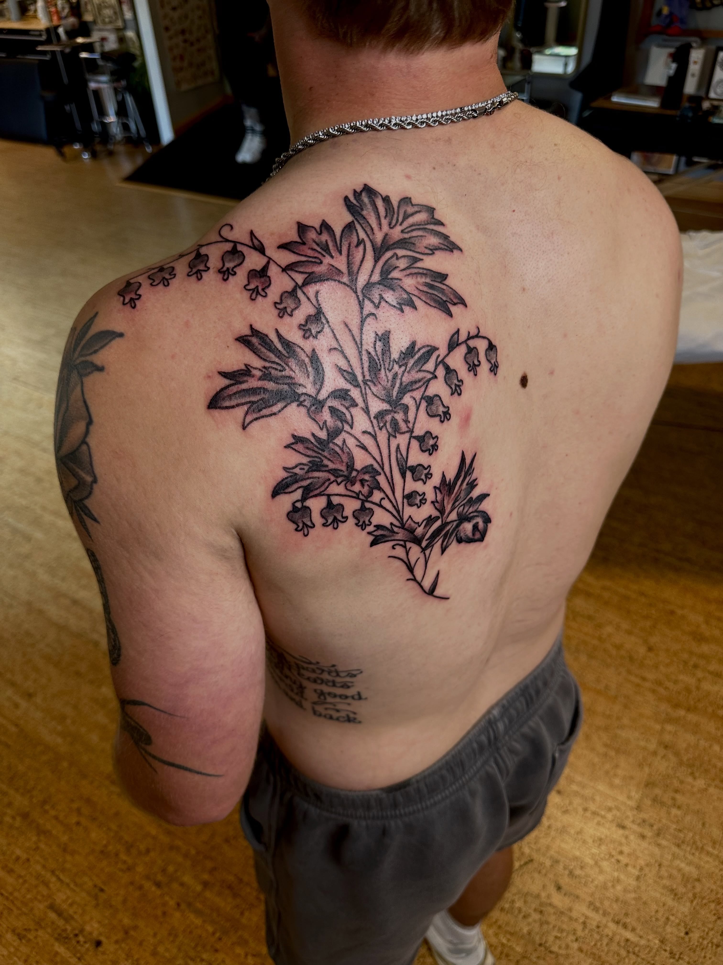 Botanical illustration black and grey tattoo on the back by teddy, Portland, Oregon