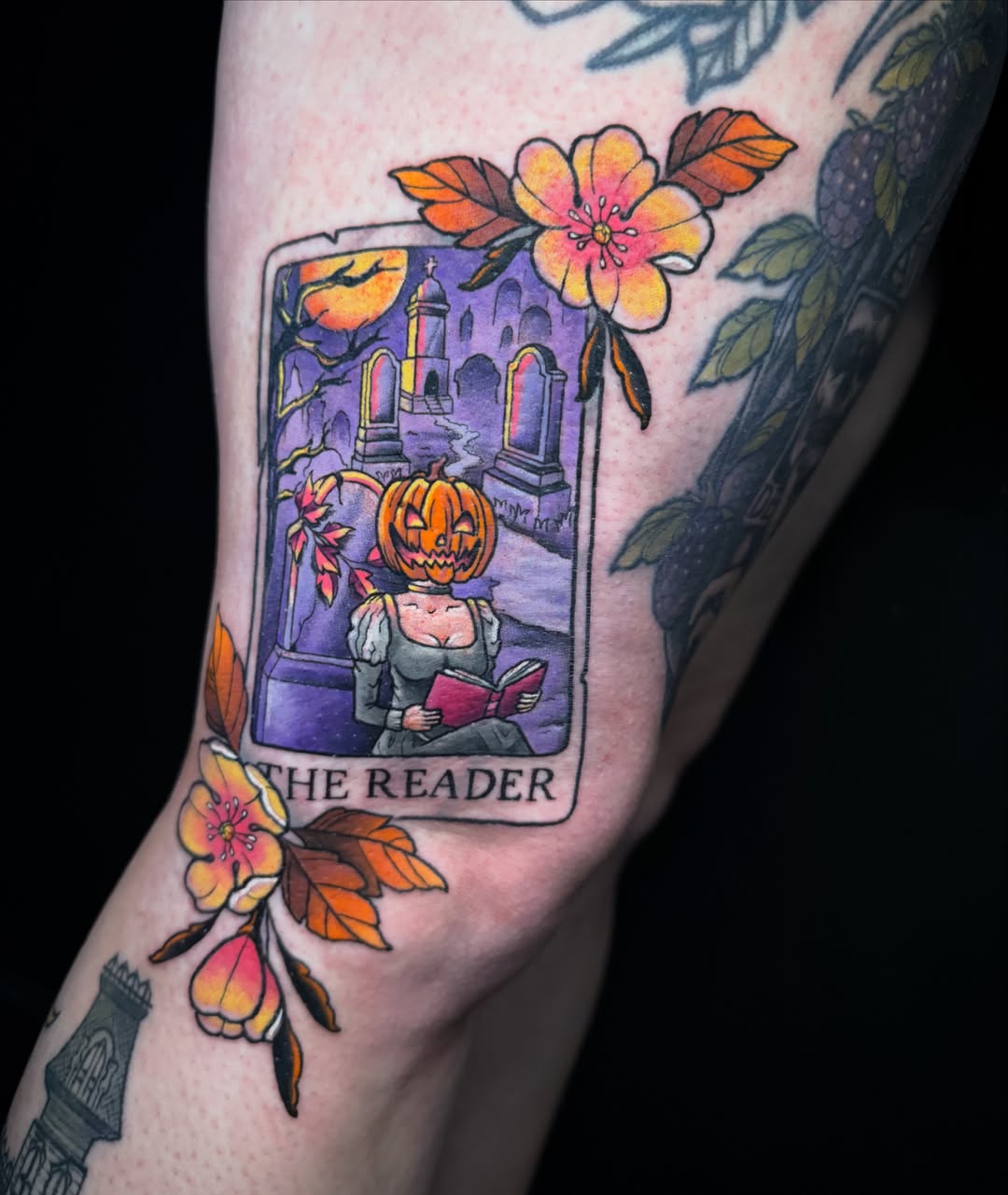 The reader tarot card American traditional tattoo on the forearm by Dee Florian
