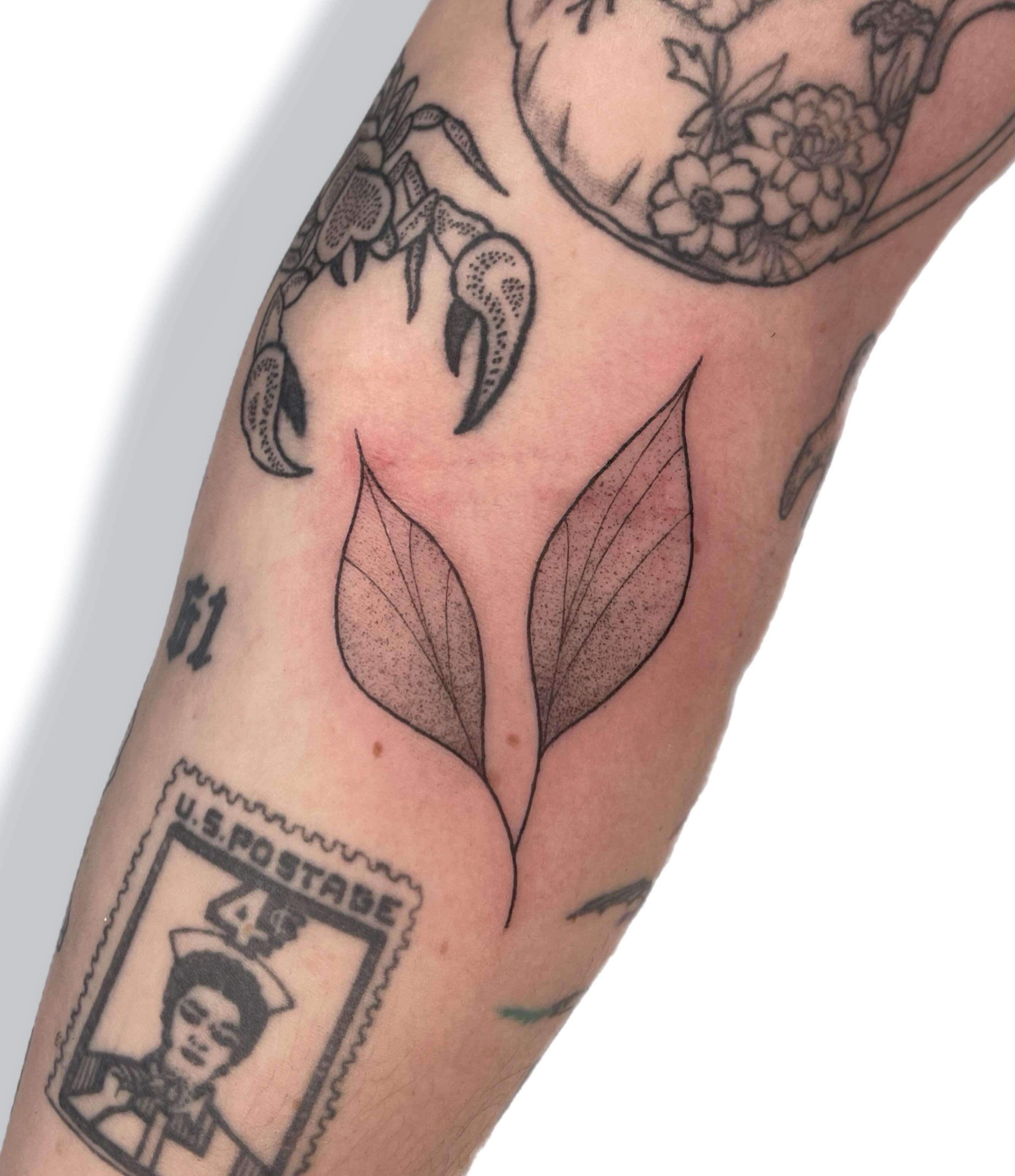Crab and leaves dotwork tattoo on the forearm by Jules ๐โโฌ, Chicago, Illinois