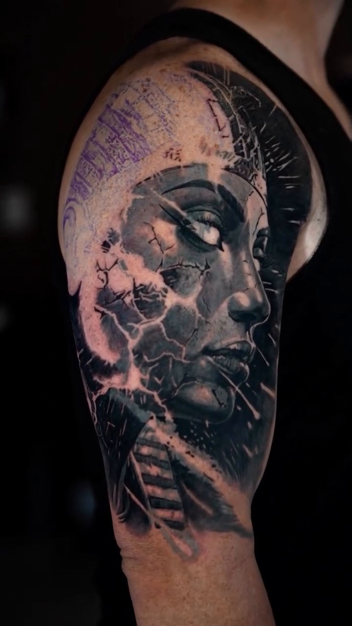 Cyborg woman face dark realism tattoo by Bailey Lemus