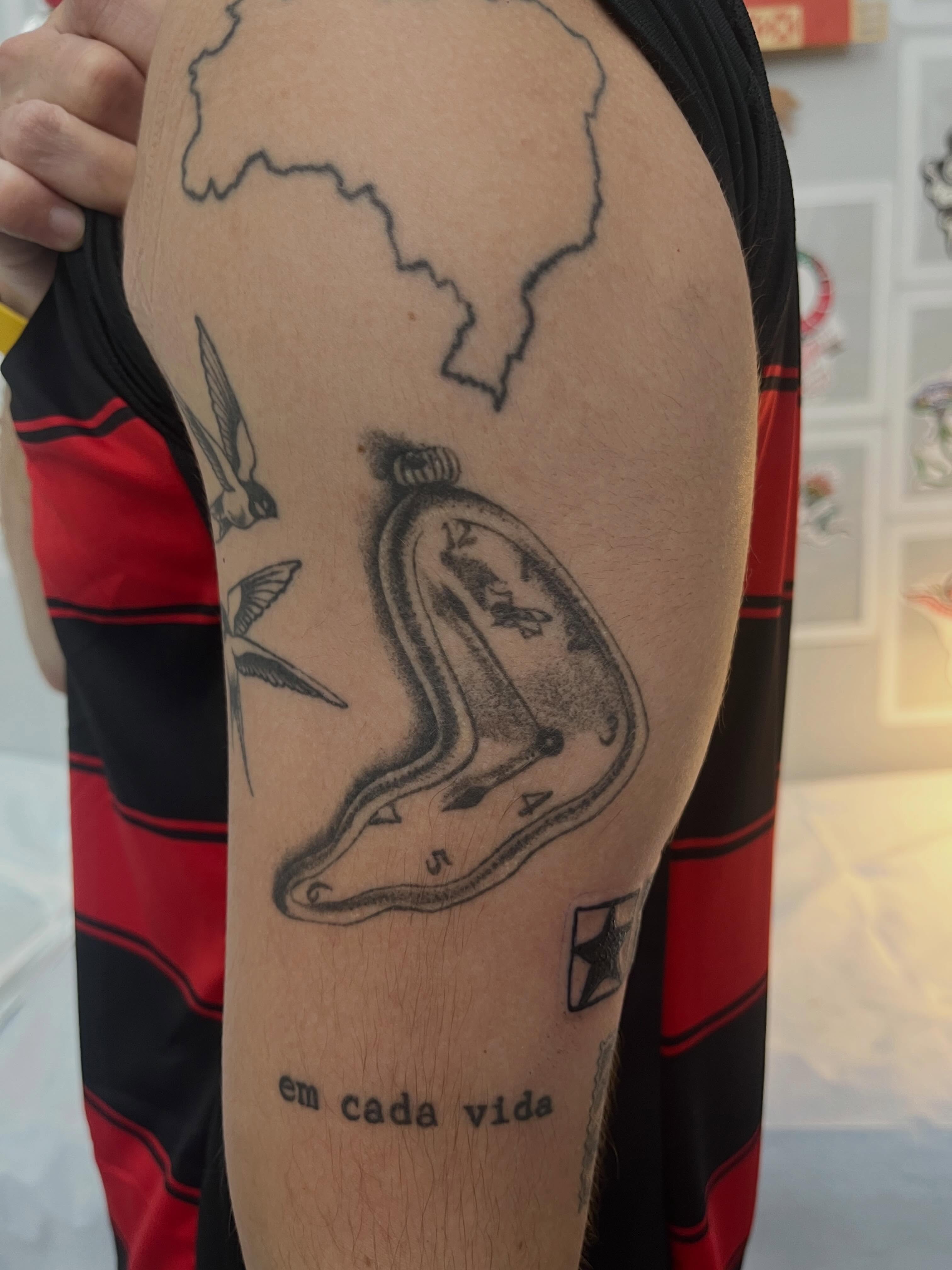 Hourglass and birds black and grey tattoo on the forearm by Sour Tattoo, Somerville, Massachusetts