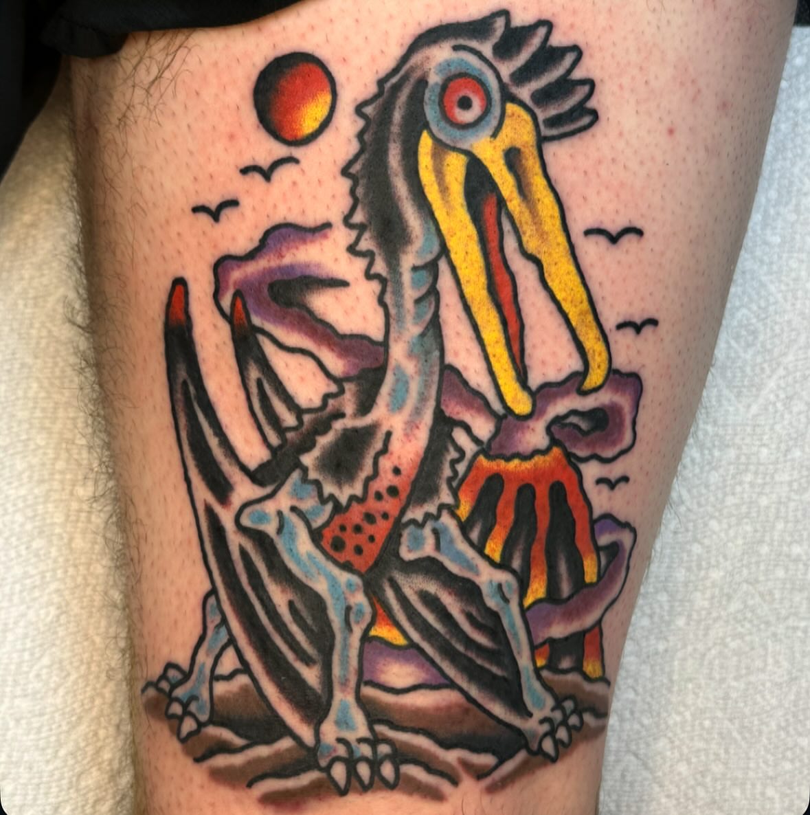 Pelican American traditional tattoo on the thigh by Rob, Nashville, Tennessee