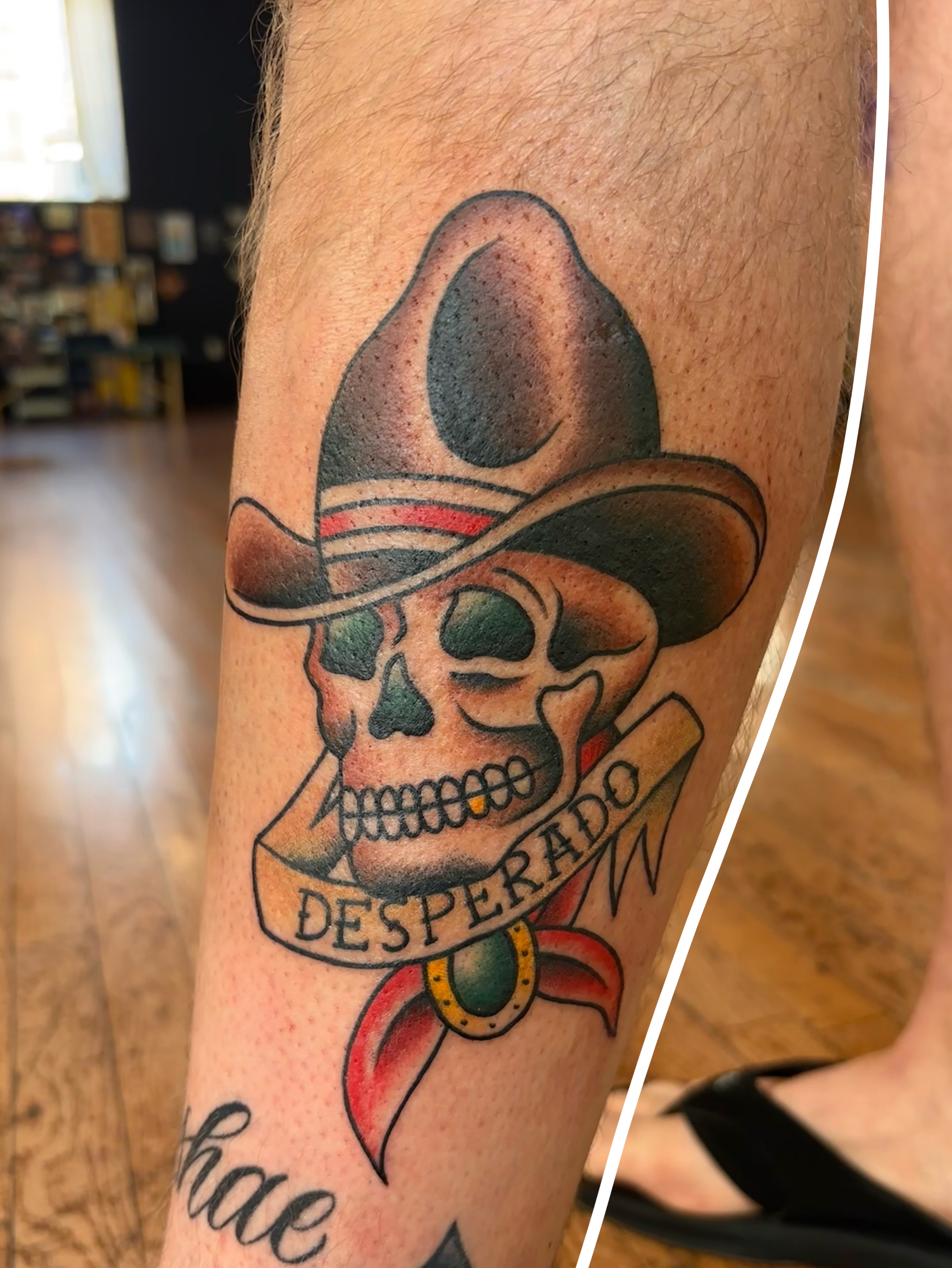 Skull wearing sombrero American traditional tattoo on the forearm by Emmy Stepien
