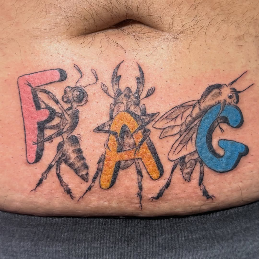 Insects and letters dotwork tattoo on the torso by Roswell Orellana 👽🛸
