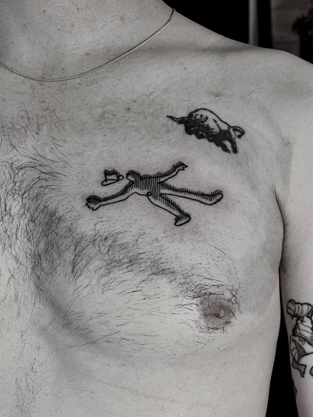 Chalk outline figure and bull ignorant tattoo on the chest by Gap⋆head