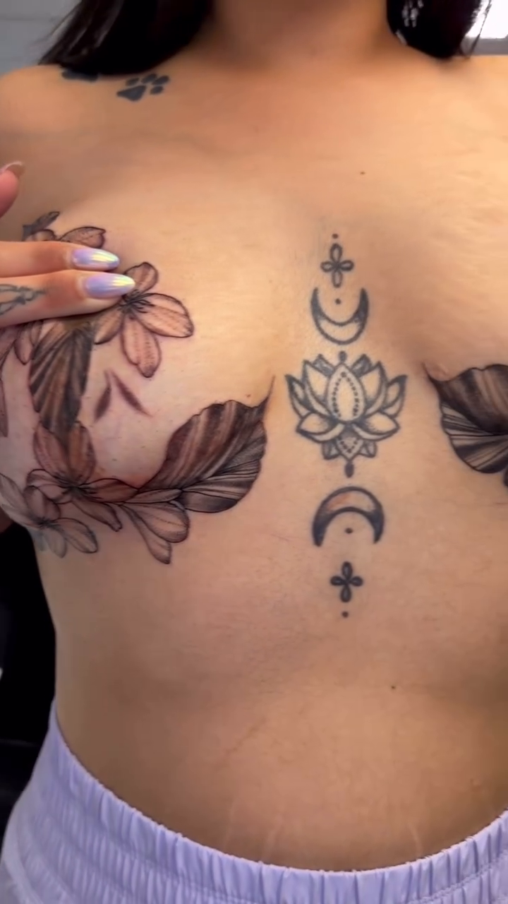 Floral and celestial chest tattoo neo-traditional tattoo on the chest by Mandy Kaur