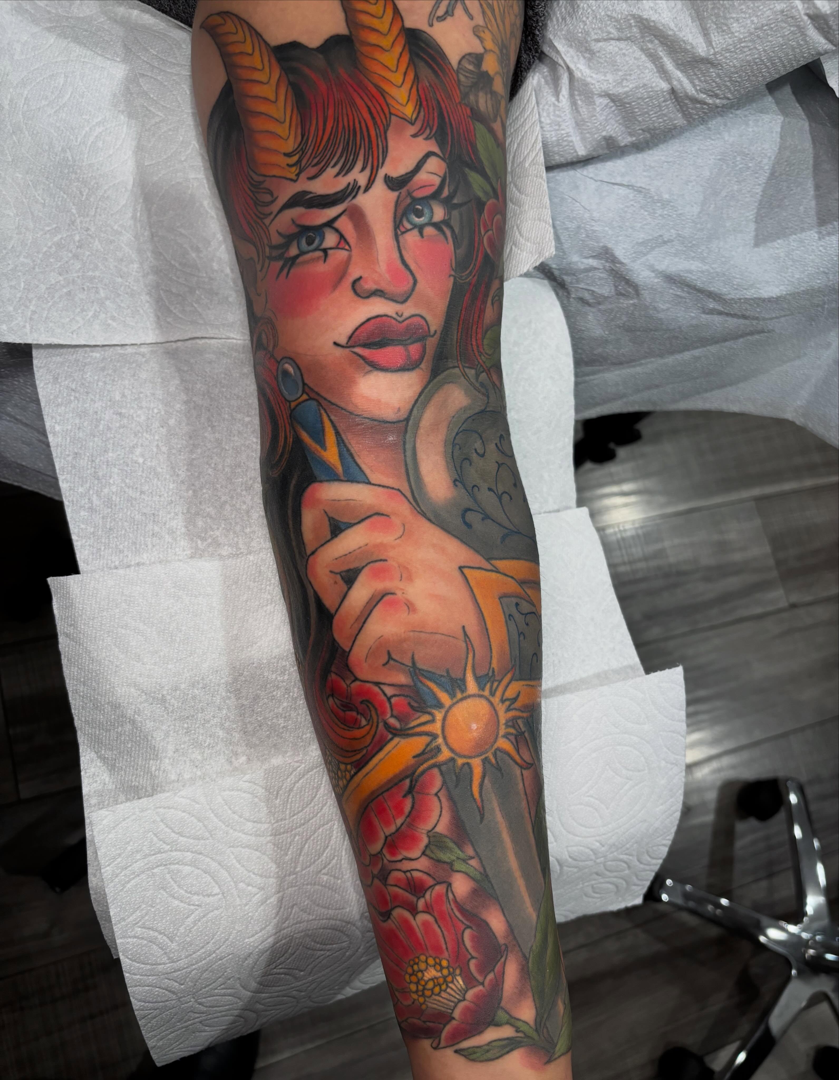 Woman with horns new school tattoo on the forearm by ✨REiD✨