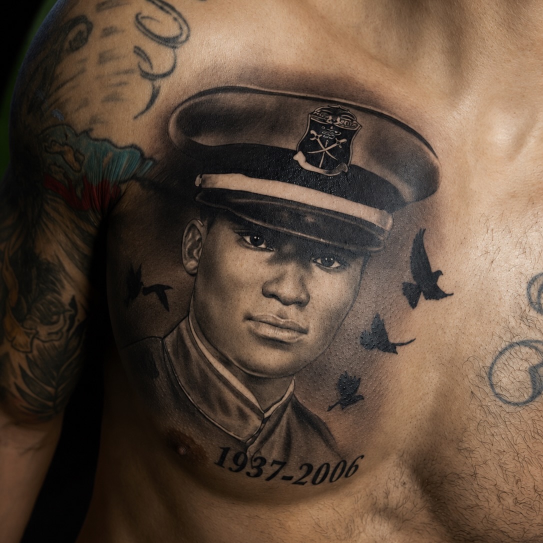 Portrait of a soldier realism tattoo on the chest by Montreal Tattoo Artist