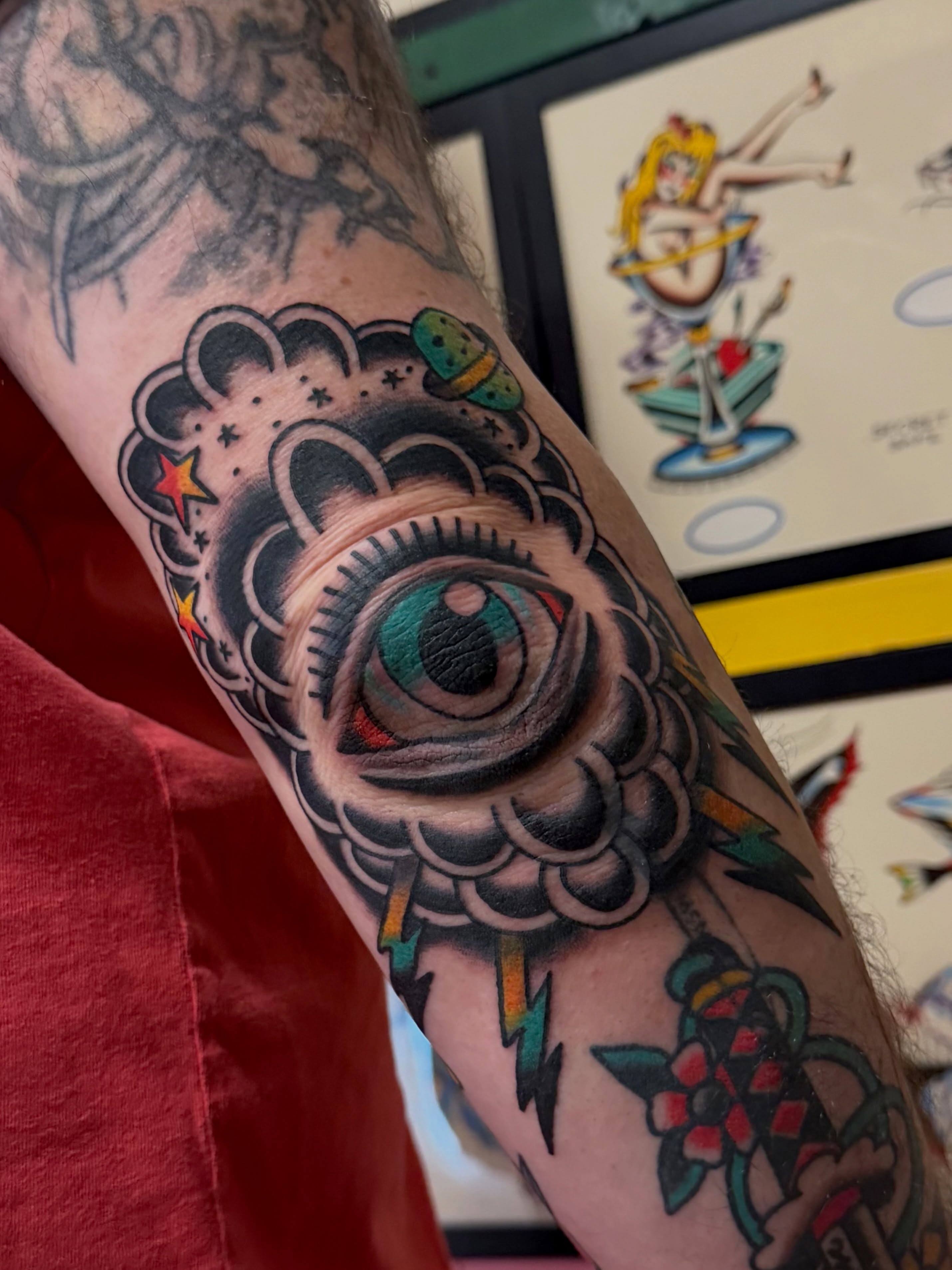 Eye American traditional tattoo on the forearm by Steven