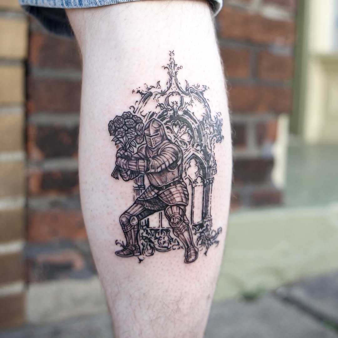 Knight with roses black and grey tattoo on the forearm by @lovechasetattoo