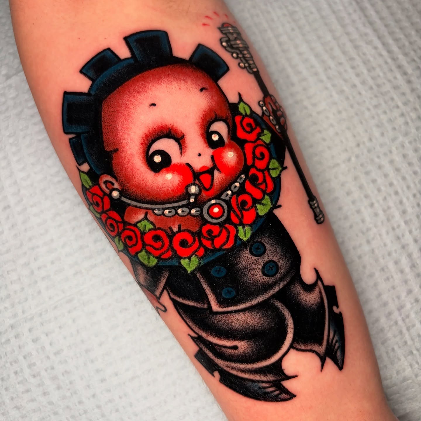 Mechanical clown American traditional tattoo on the forearm by 🌴Nick Hetzel🌴, Saint Petersburg, Florida