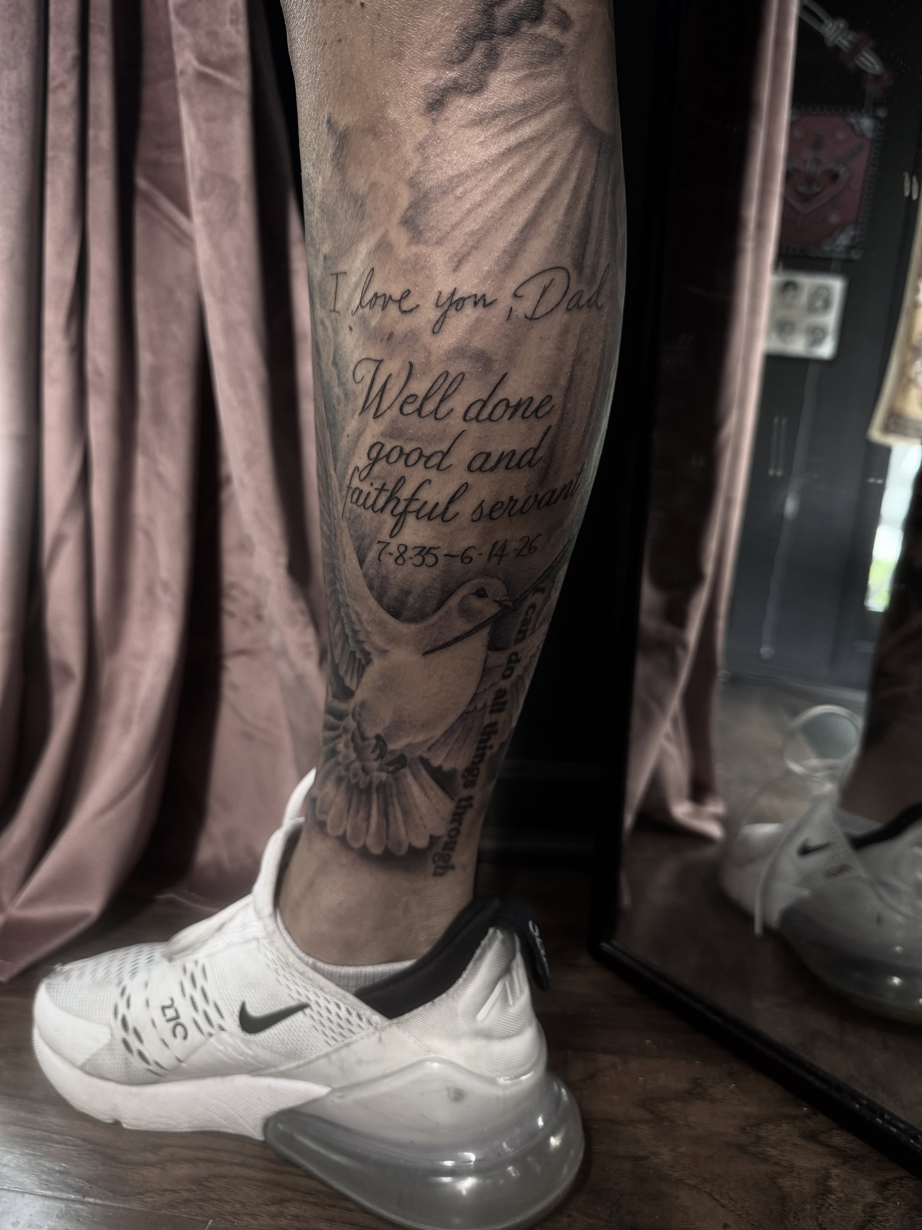 Dove and script black and grey tattoo on the calf by Bethbeforedishonor, Rochester, New York