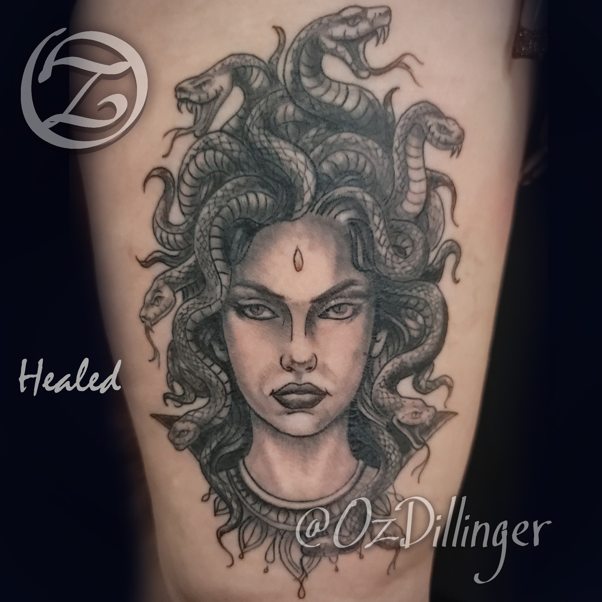Medusa realism tattoo on the forearm by Oz Dillinger