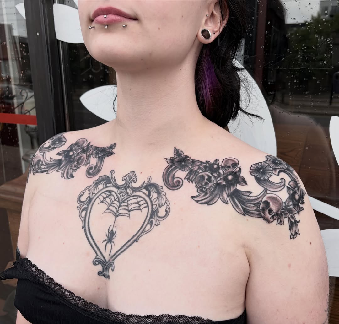 Tattoo by @rottenronnietattoos — black_and_grey, ornamental