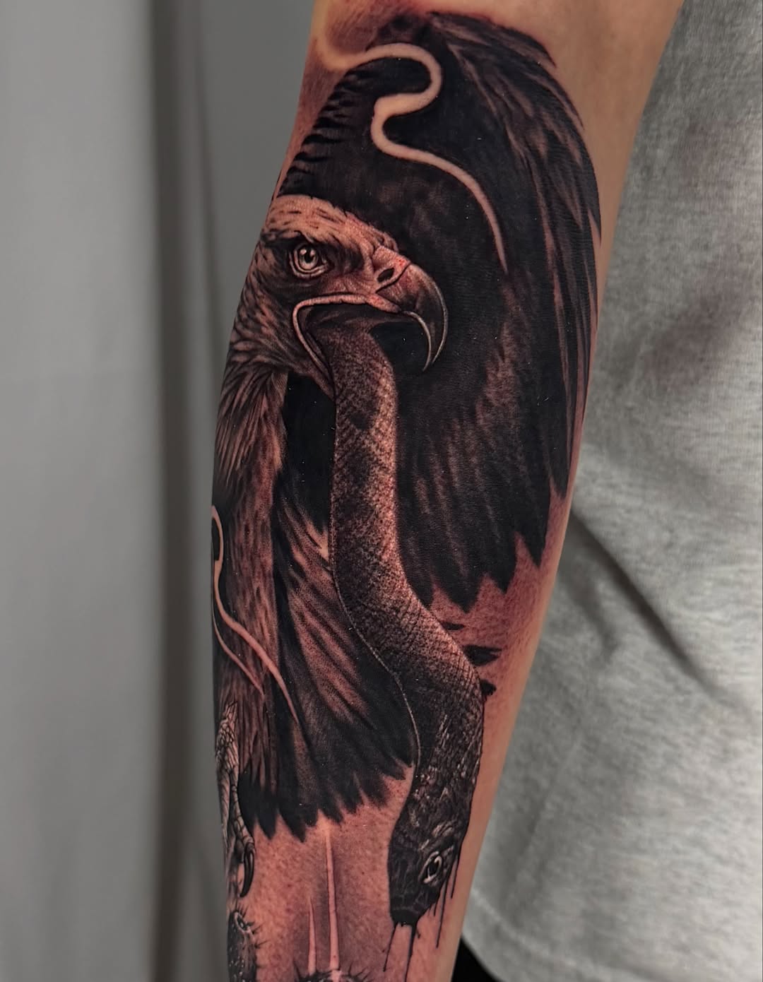 Eagle and snake realism tattoo on the forearm by DREW ROMERO - Colorado Tattoo Artist, Pueblo, Colorado