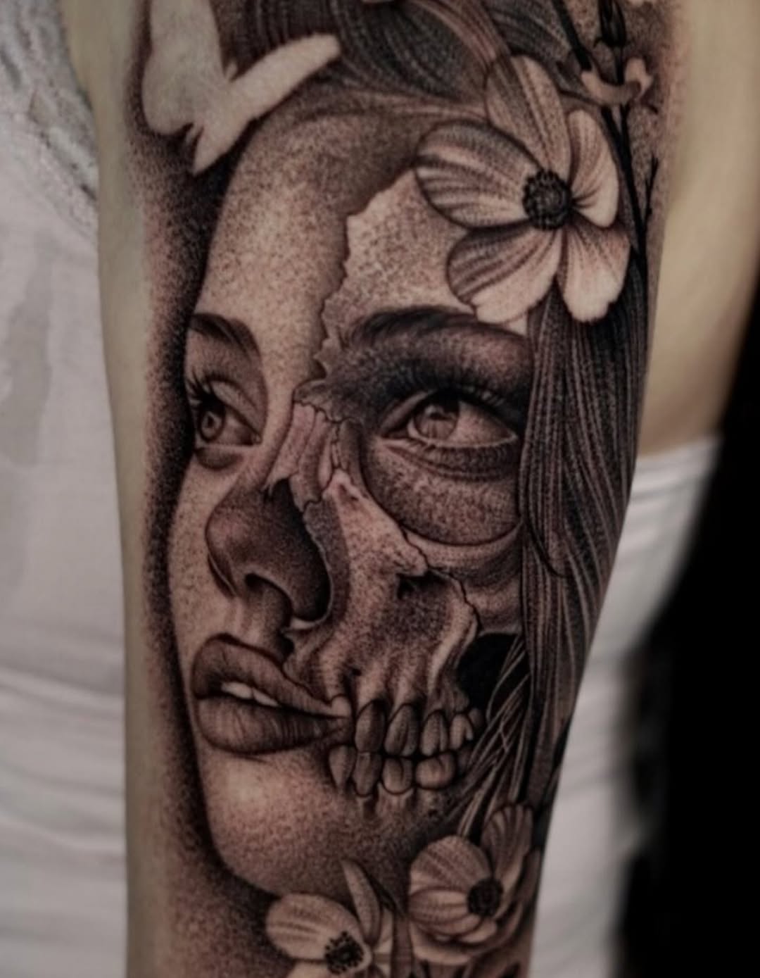Woman and skull portrait sketch tattoo on the forearm by DREW ROMERO - Colorado Tattoo Artist, Pueblo, Colorado