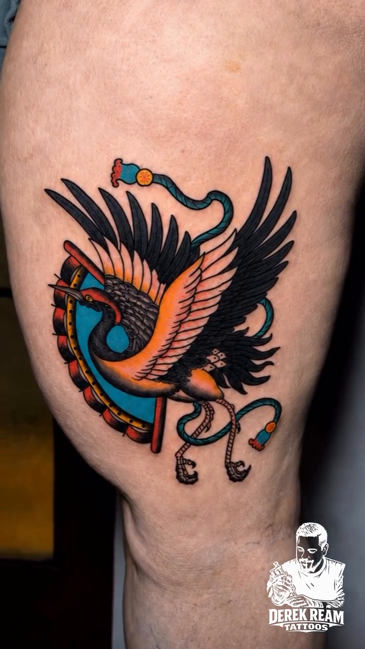 Phoenix tattoo American traditional tattoo on the thigh by Derek Ream