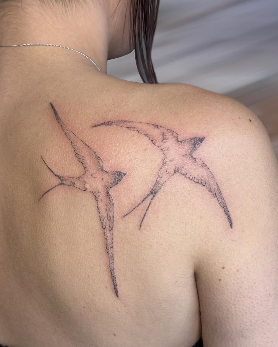 Two swallows fine line tattoo on the shoulder by GG ๐ธ