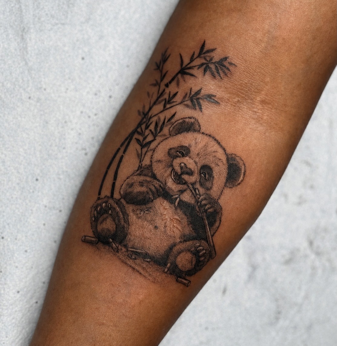 Panda bear black and grey tattoo on the forearm by Montreal Tattoo Artist