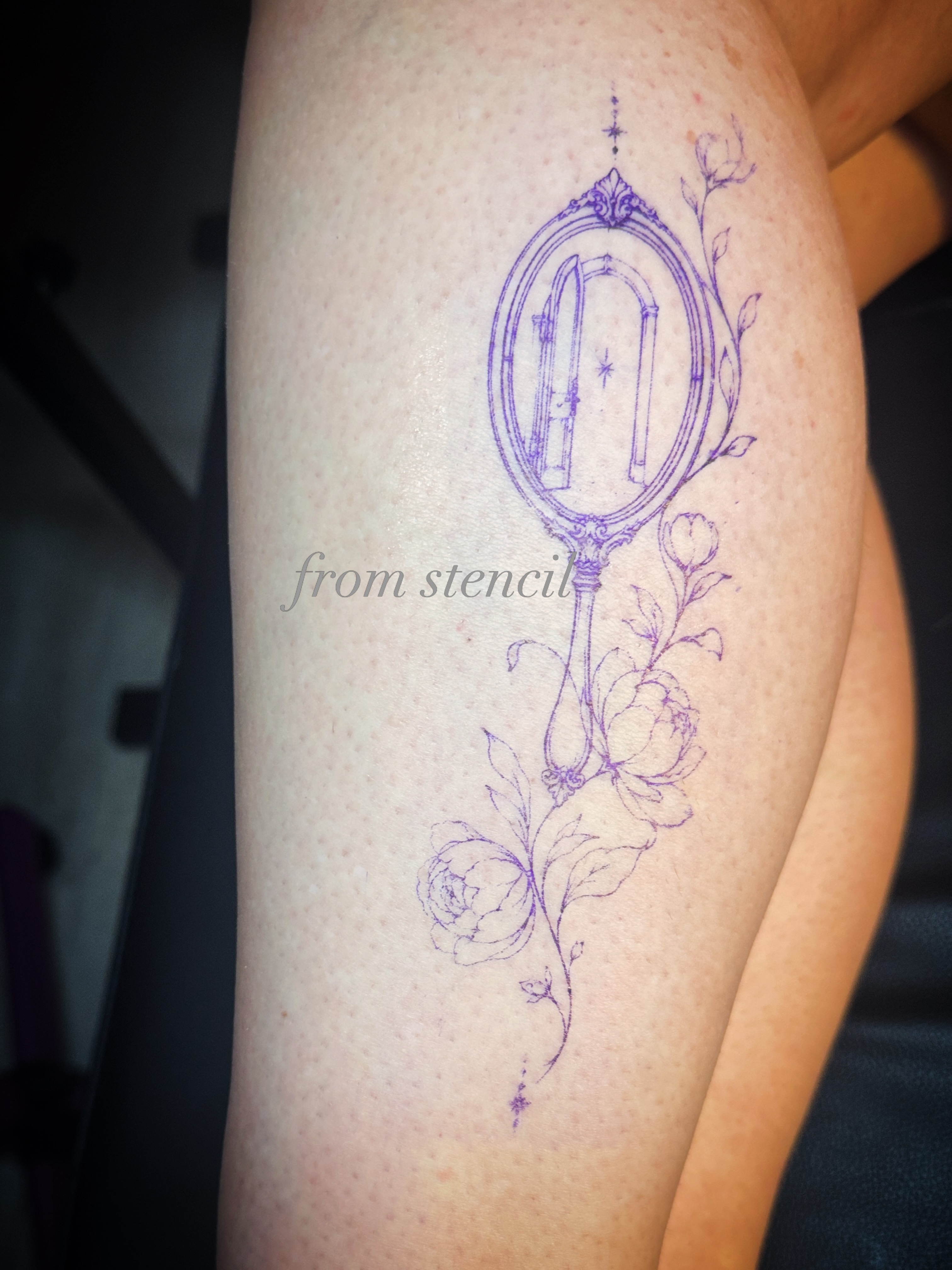 Mirror and roses ornamental tattoo on the thigh by Meagan, Charlotte, North Carolina
